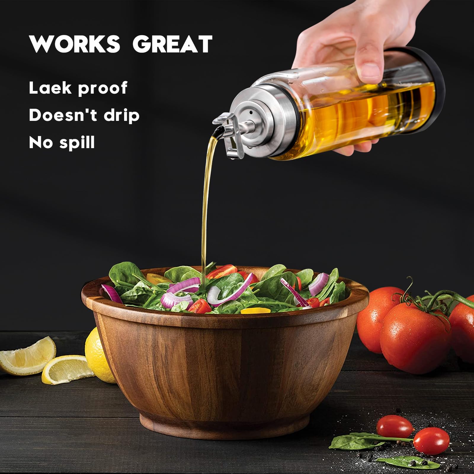 Botella dispensadora de aceite de oliva de vidrio para cocina, dispensador de aceite de cocina inastillable y a prueba de fugas con boquilla de acero inoxidable y parte inferior de goma,