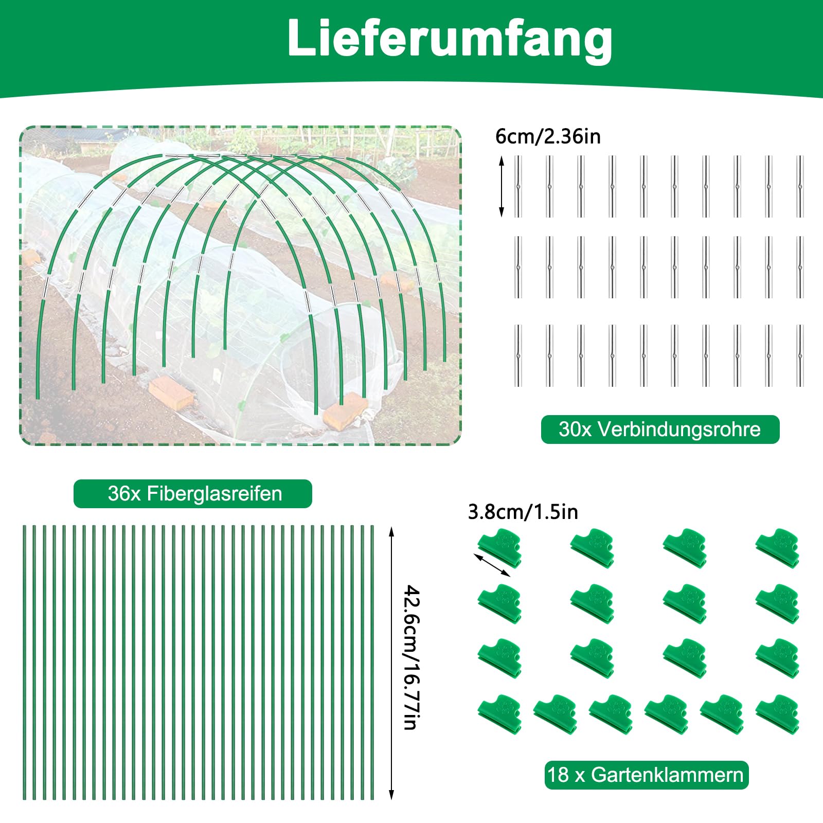 36 sztuk łuków tunelowych do roślin 43 cm, łuki tunelowe do tuneli foliowych, odporne na rdzę, włókno szklane, stabilne, trwałe, bez zginania, opony ogrodowe, do szklarni, do słupków ogrodowych