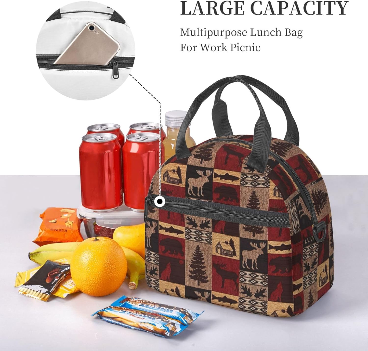 Lodge Bear Deer Fish Print Reusable Lunch Bag Insulated Lunch Boxes for Office Work Picnic Tote Bag Adjustable