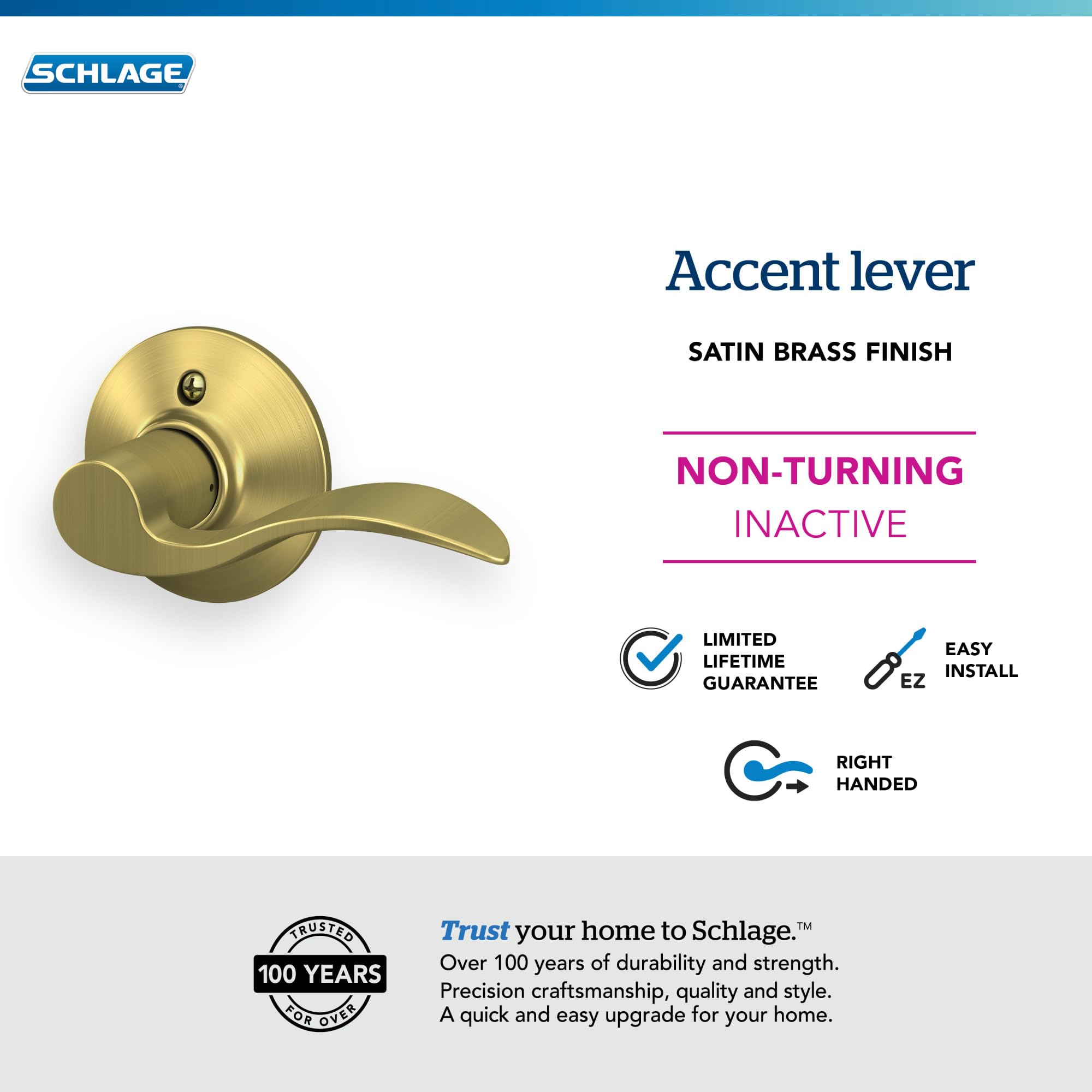 SCHLAGE Accent Lever Non-Turning Lock in Satin Brass - Right Handed - F170 Acc 608 RH, One Sided Non Turning RH - Image 3