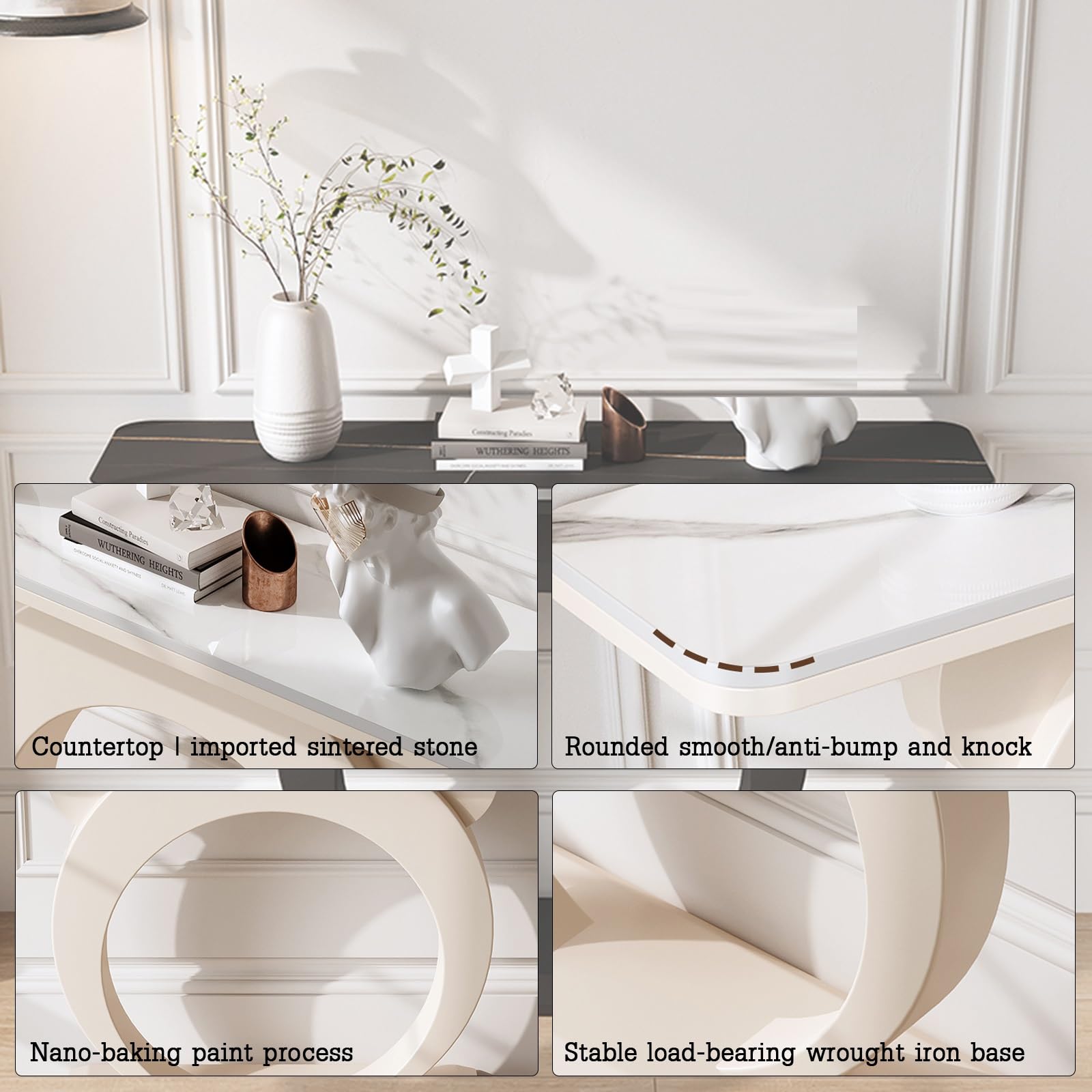 Table d'entrée étroite avec 2 niveaux de rangement, base en métal, plateau en bois pour couloir, salon