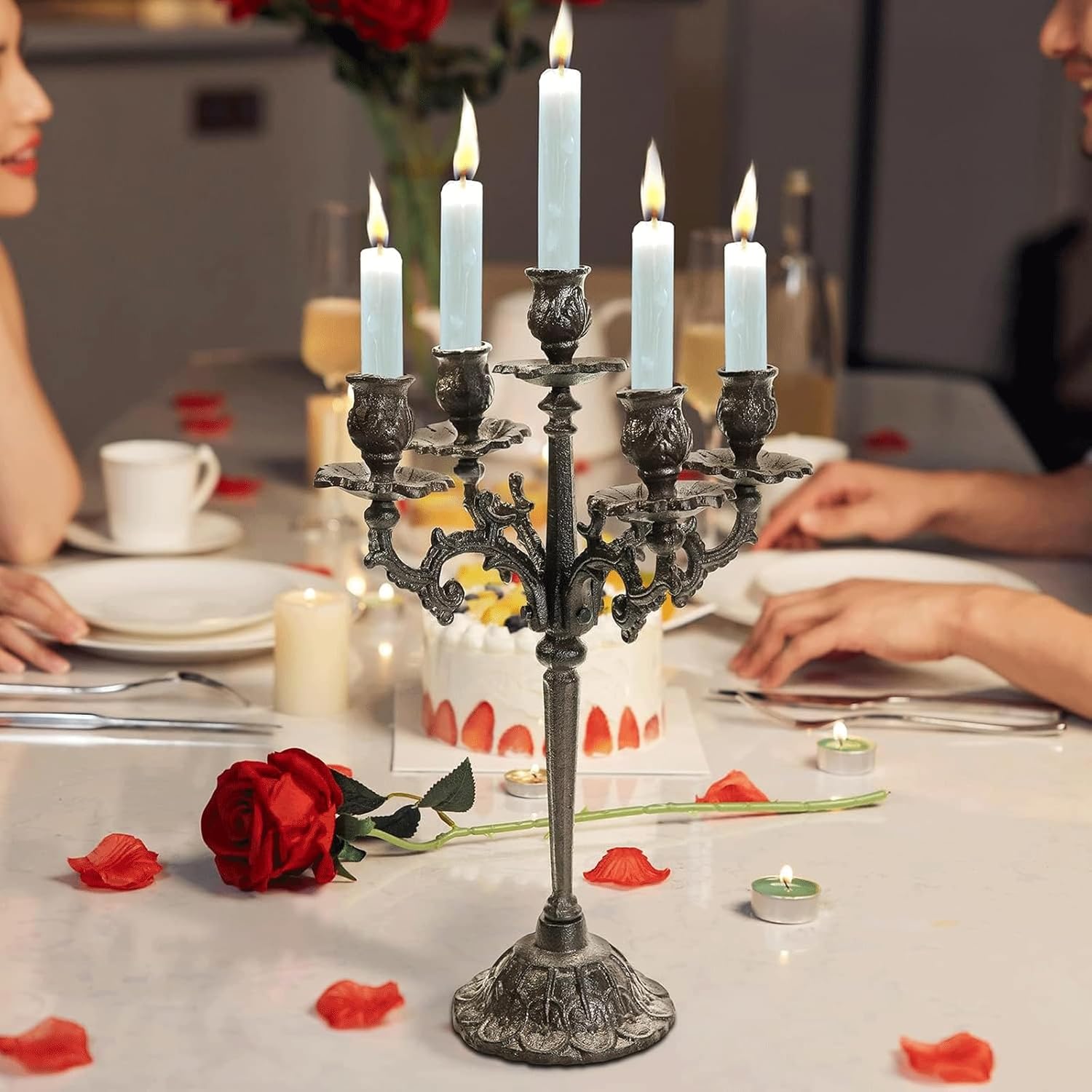 Unique Metal Candle Holder Black 5-Head Candelabra for Table Centerpiece Display - Tall and Vintage Style Glass Candle Holder Stand Spring Decor