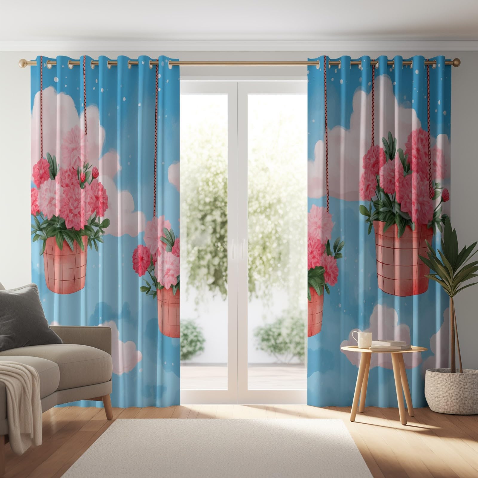 Rideau Occultant Imprimés Rêve Nuages Fleurs, 140L X 200H cm (2 Panneaux) Thermique Anti Froid Rideaux Opaque Isolation Phonique à Oeillets pour Salon Balcon, Rose Bleu