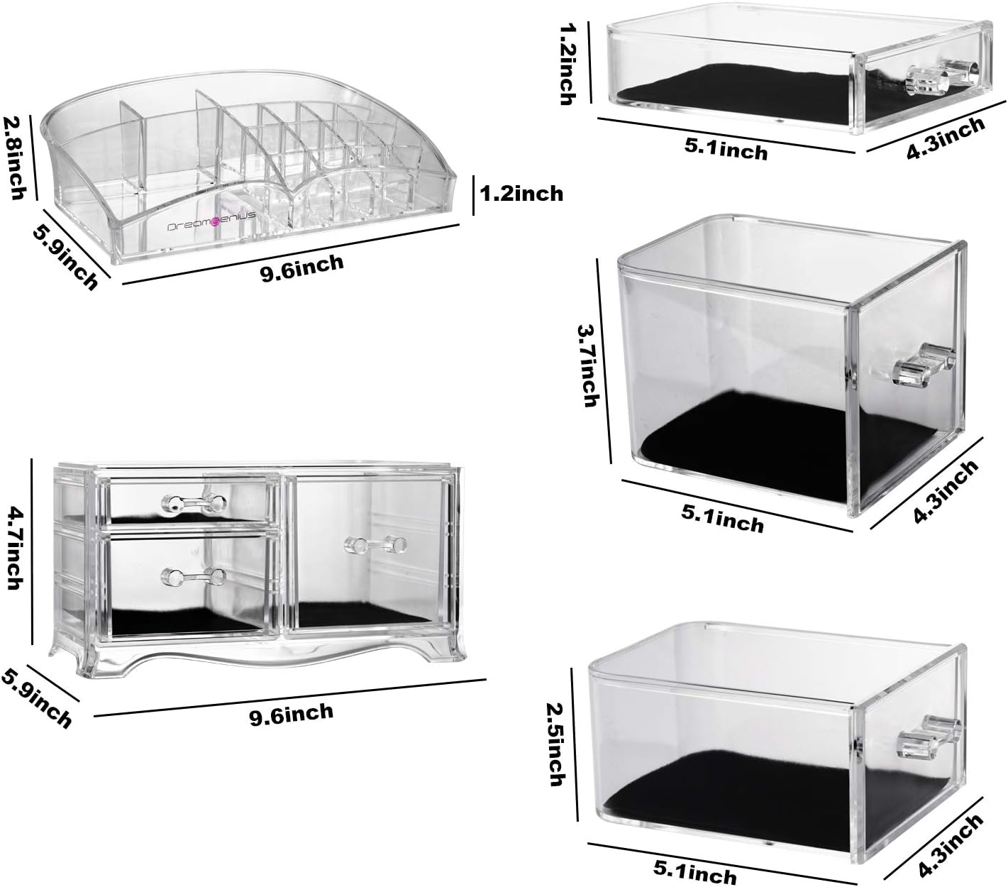 DreamGenius Makeup Organizer 2 Pieces Acrylic Cosmetic Display Cases with 3 Drawers for Jewerly Lipstick and Makeup Brushes, Stackable Makeup Storage Organizer Box for Dresser and Bathroom Countertop