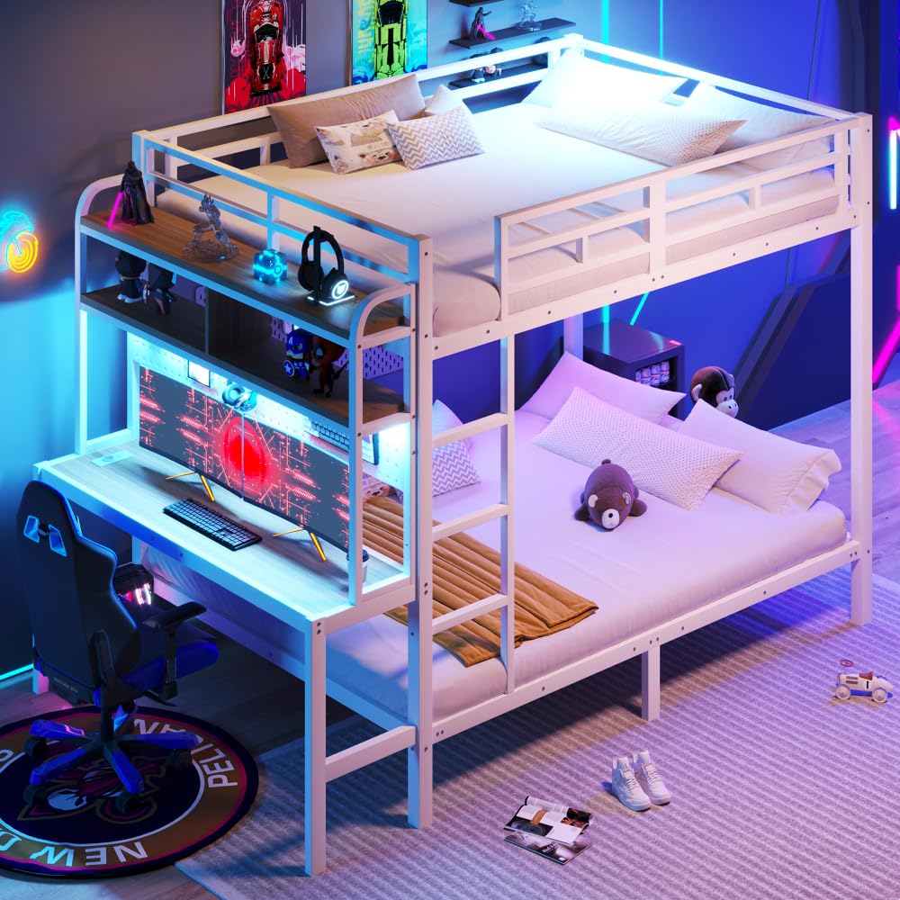 Sapgaks Lit superposé Enfant en Fer 140x200 cm avec Barre Lumineuse LED, Port USB,Bureau,Compartiment de Rangement,lit Enfant 140 x 200,Cadre de lit 2 Personnes avec sommier (A-Blanc 140)