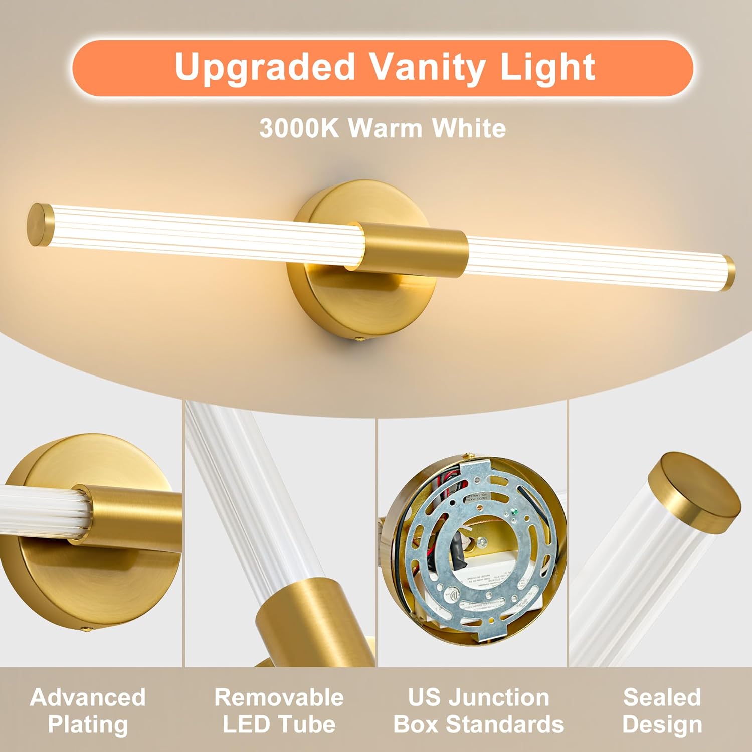 LED Bathroom Light Fixtures, Gold Vanity Lights for Bathroom, 360° Full Lighting Dimmable LED 24 inch Vanity Light Bar Over Mirror, Hardwired Modern Wall Sconce Warm White for Bedroom Living Room