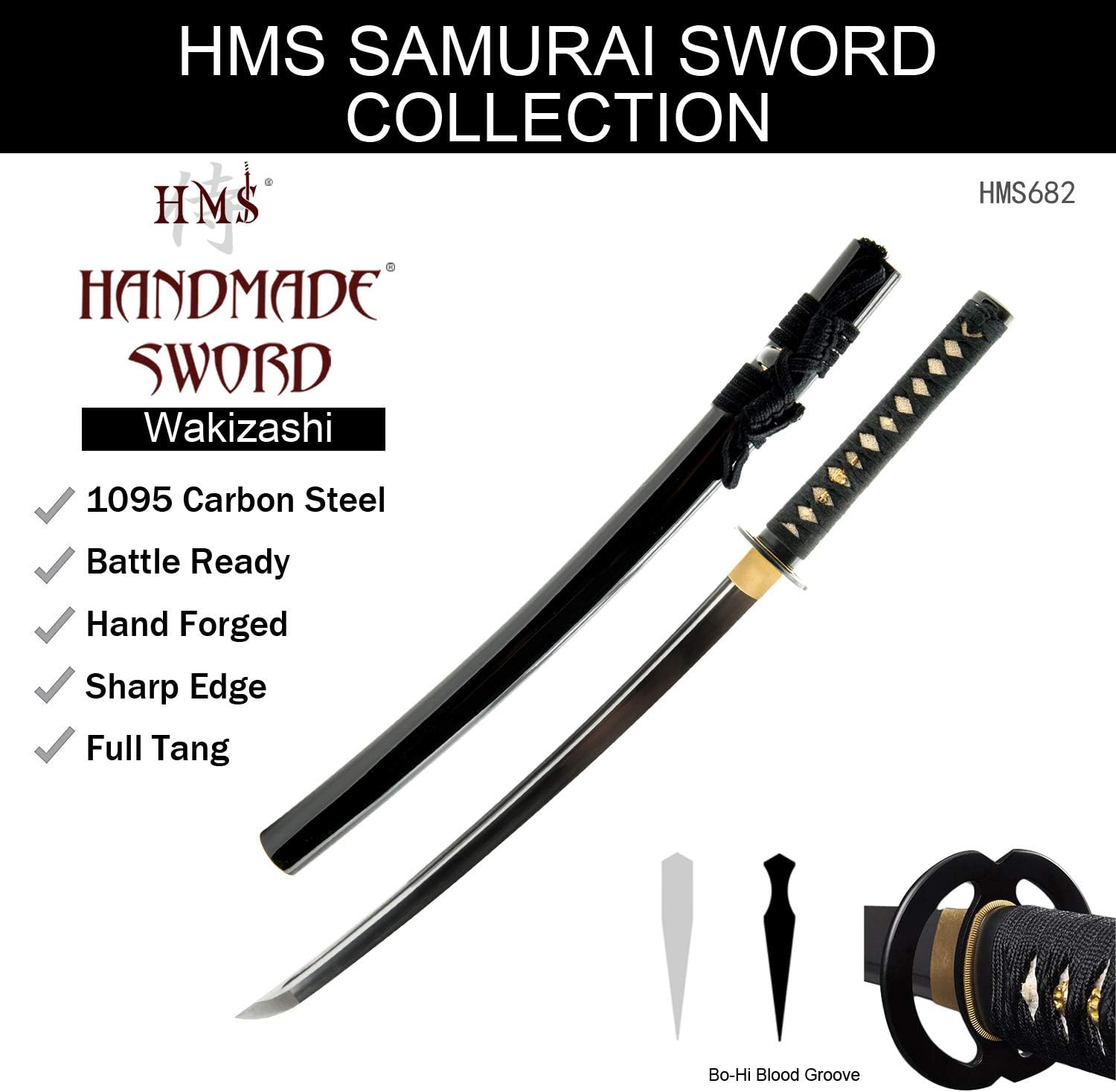 Handmade Sword – Japanese Samurai Wakizashi Swords, Practical, Hand Forged, 1045/1095 Carbon Steel, Heated Tempered, Full Tang, Sharp, Wooden Scabbard