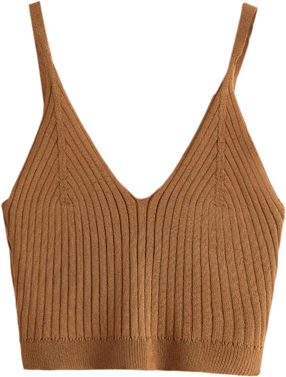 SweatyRocks Women's V Neck Crop Cami Top Ribbed Knit Spaghetti Strap Sleeveless Vest