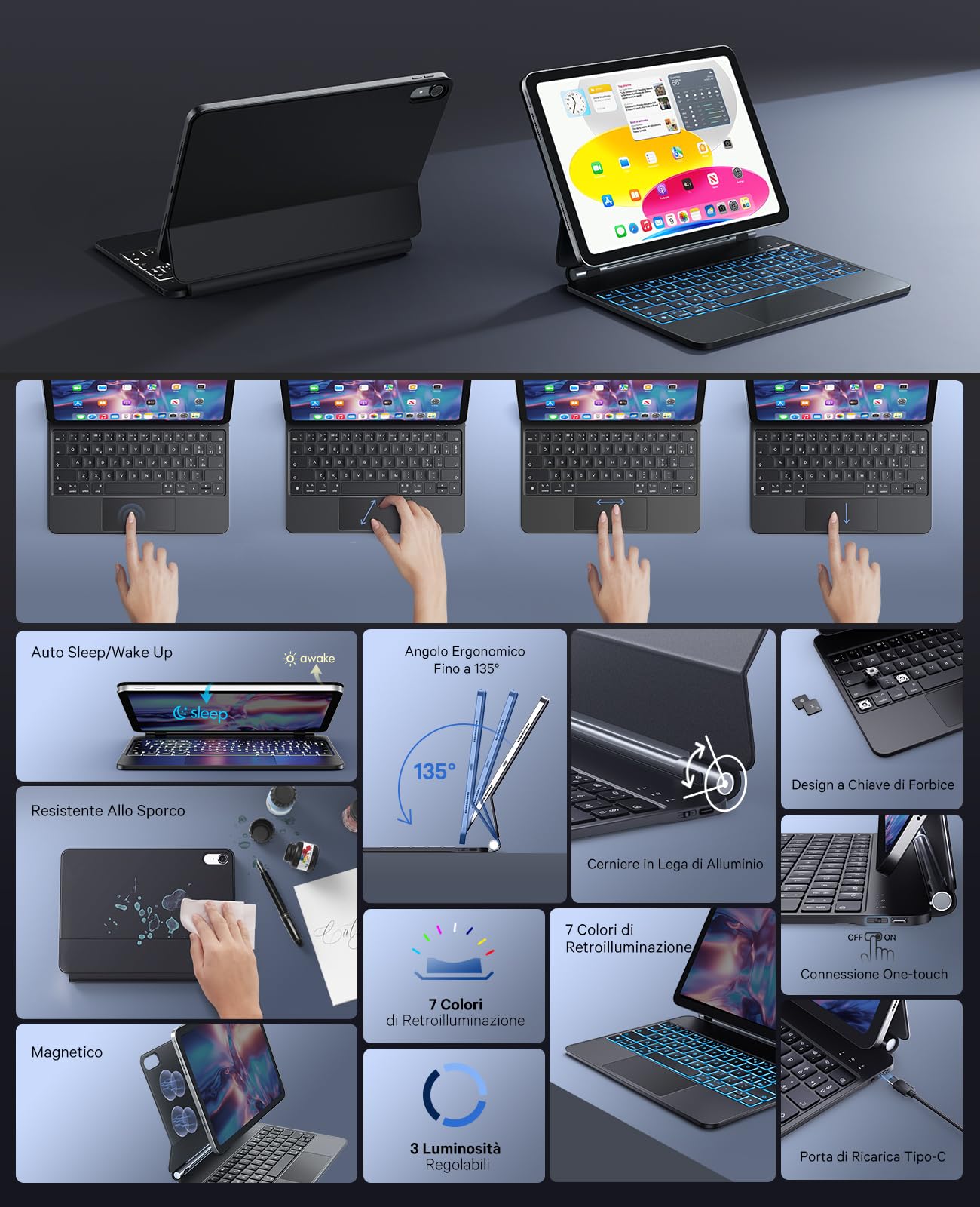 Earto Magic-Style Tastiera per iPad 11 Generazione A16 2025/10 Generazione 2022, Pelle Antimacchia, Retroilluminazione a 7 Colori, Design Magnetico Fluttuante per iPad 10/11 Gen, Nero
