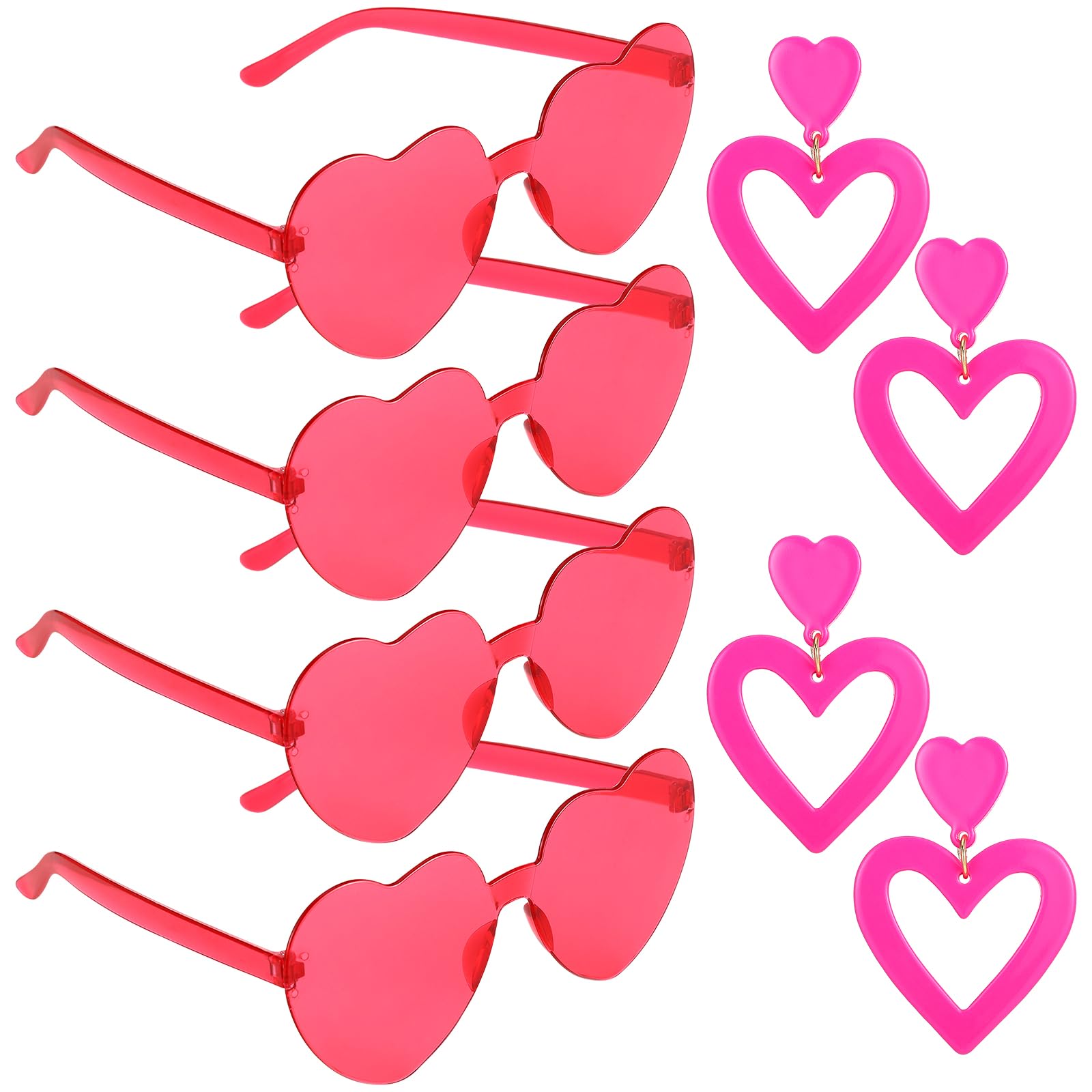 Sasylvia8 Pcs Double Heart Earrings Heart Sunglasses Set Includes 2 Pair Drop Dangle Earrings 4 Pair Rimless Heart Shaped Pink Glasses Transparent Pink Color Eyewear for Girls Women Lover Party Gift