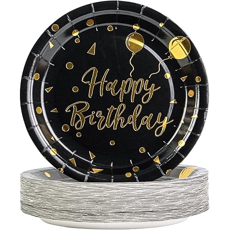 Black & Gold Party Plates | 50th Birthday Cake Plates | Disposable Dessert Plates