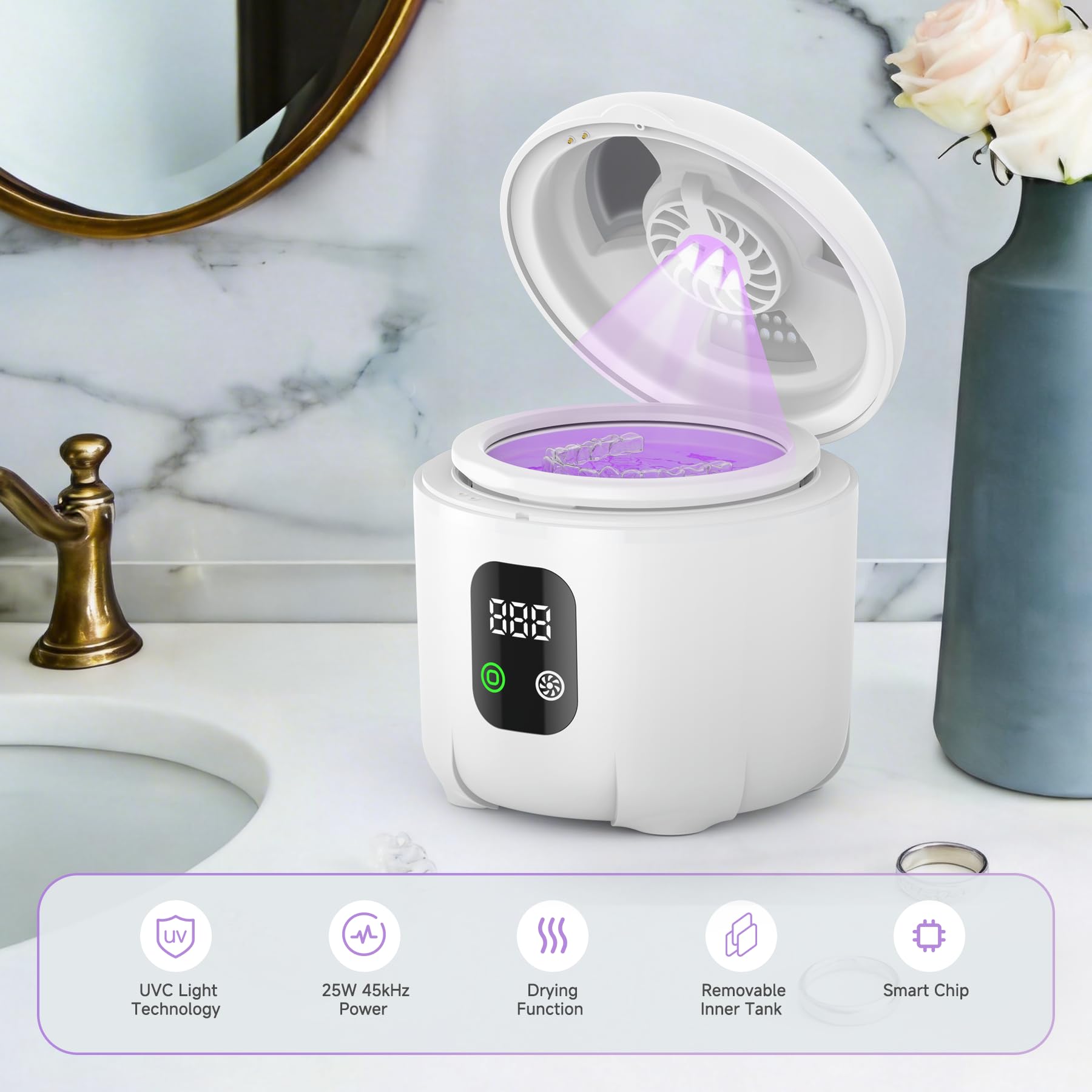 Ultrasonic Retainer Cleaner 25W Portable Ultrasonic Denture Cleaner Multi-Mode 45KHz with Drying and Removable Inner for Dental Trays, Braces, Jewelry, Toothbrushes, Mouth Guards, Aligners,Ring White - 2
