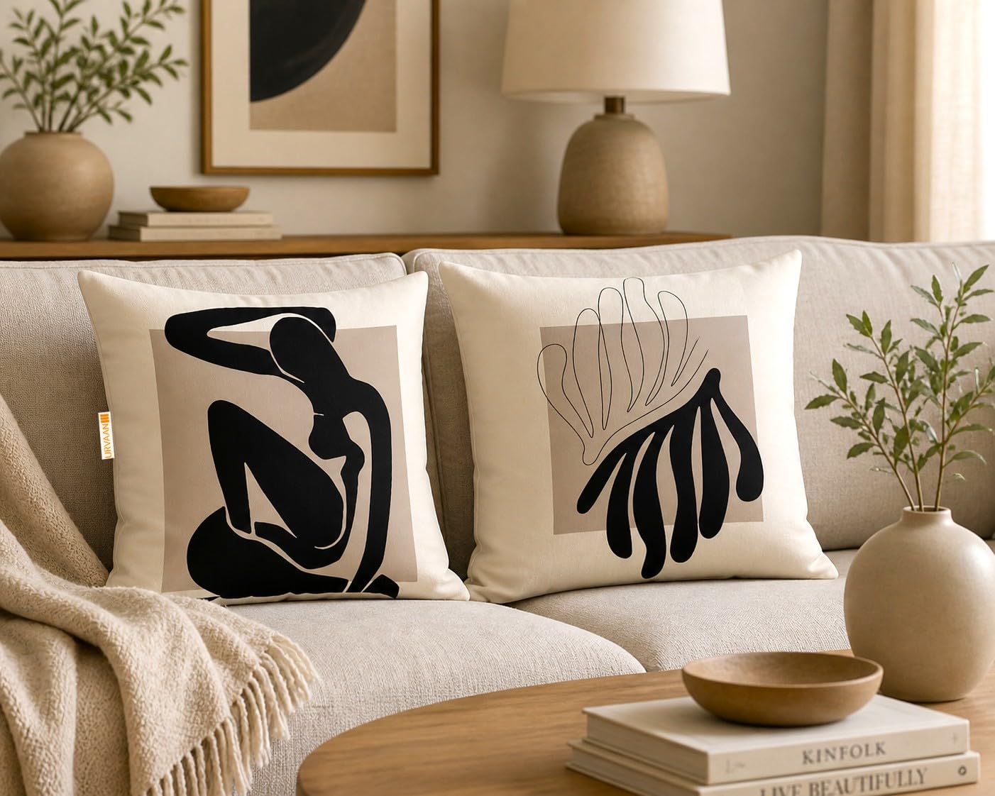 Set of 2 Jute Modern Cushion Cover 16 Inch X 16 Inch, Beige Black-image-28