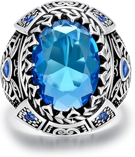 Anillo de plata esterlina oxidada con topacio azul para hombre, joyería retro vintage genial para hombres, anillo de topacio azul, regalo para