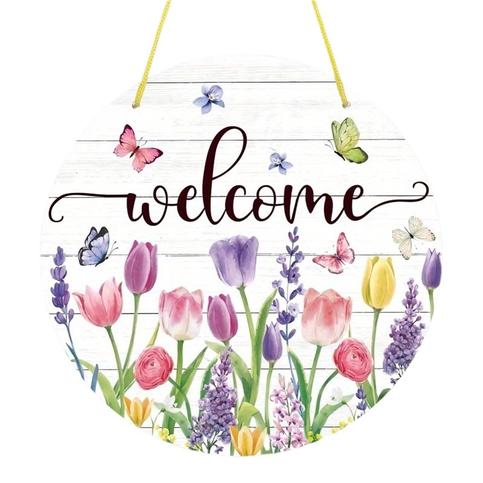 Wooden Welcome Sign 1pc, Summer Flower Welcome Door Sign Tulip Wooden Hanging Floral Hook Suitable For Spring for home(30x30)