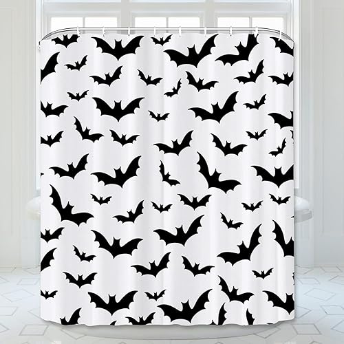 Miniatura 2 de Cortina de ducha espeluznante de Halloween, decoración gótica de terror de Halloween, cortinas de ducha de murciélagos blancos y negros, tela de