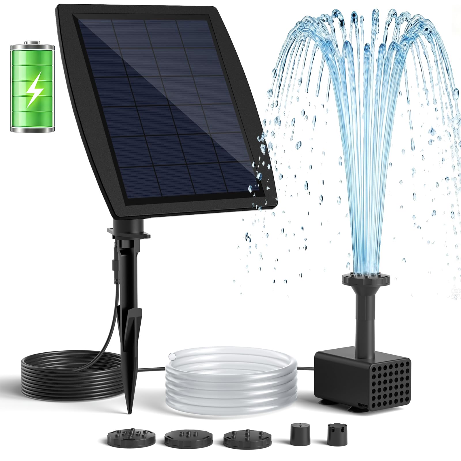 Pompe à Eau Solaire avec Batterie de Secours, 4 W, Batterie 2000 mAh intégrée, câble 3 m, 5 Modes de pulvérisation, Tube PVC 1,2 m, Fontaine Bassin, Bain d'oiseau, aménagement Aquatique Jardin