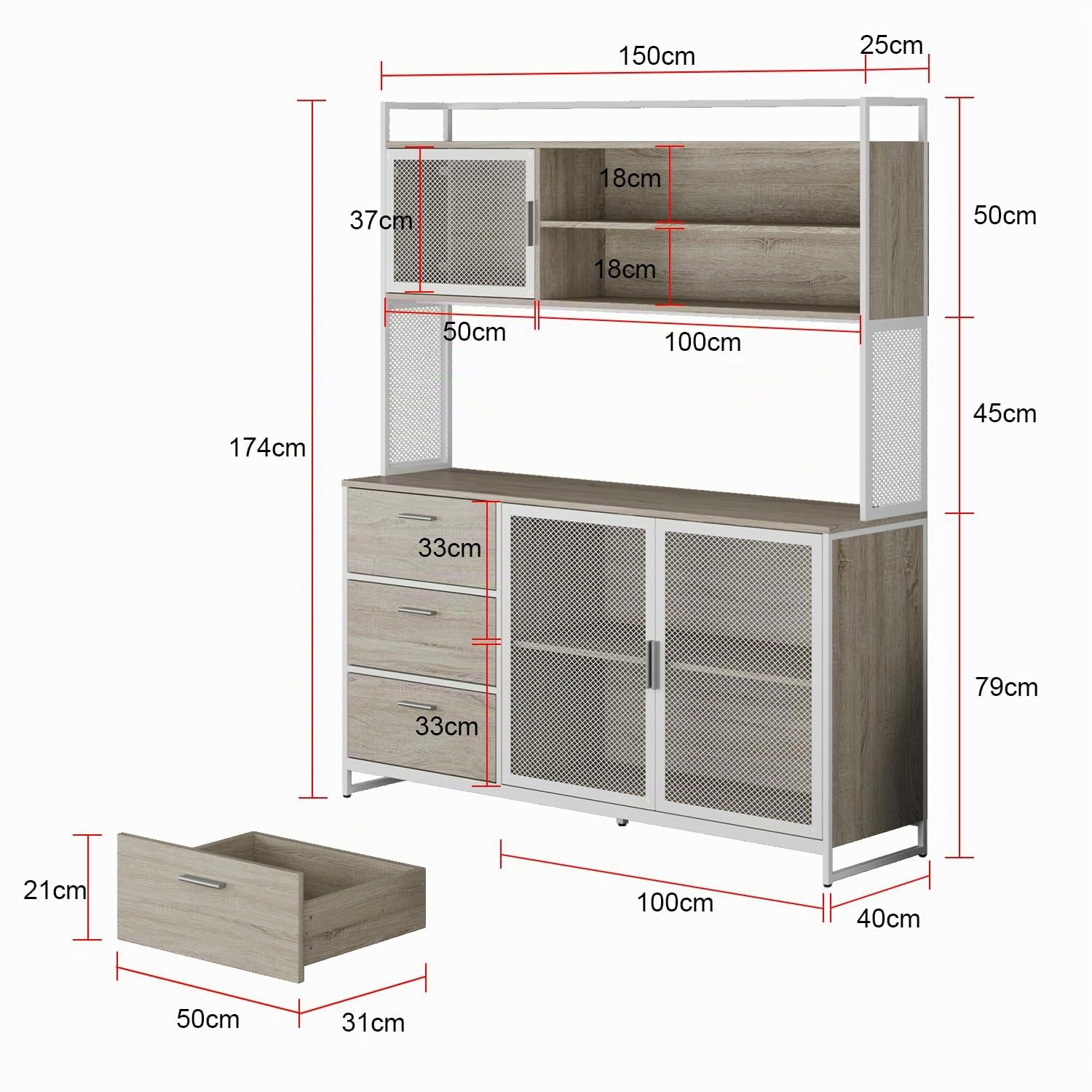 Alacena Cocina, Mueble Aparador Comedor con 3 Puertas y Cajones, Estilo Industrial Sencillo, 174 x 150 x 40 CM, MDF, Color Roble