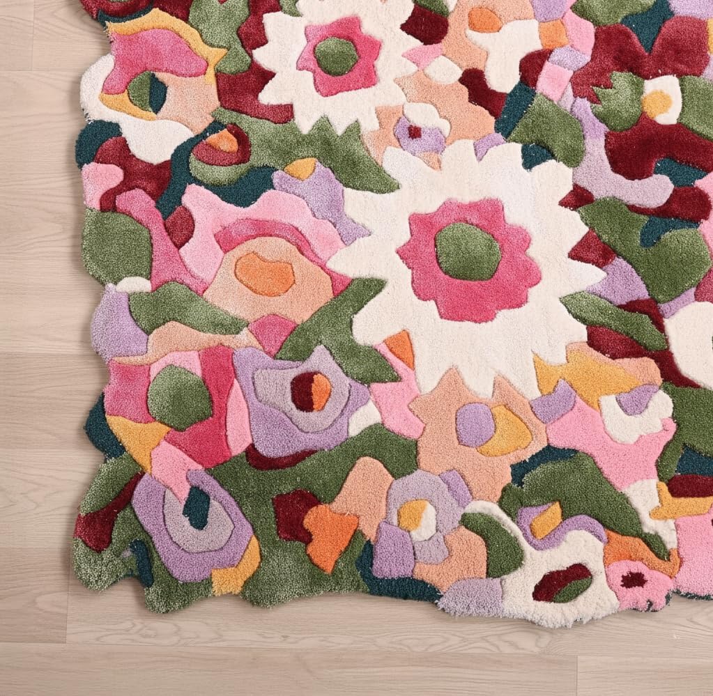 Handmade Colorful Floral Viscose & Wool Area Rug - Spring Garden Overflow The Frame - Unique Irregular Shape Flower Rug | for Home Decor (Colorful-Viscose, 2.6' x 8')