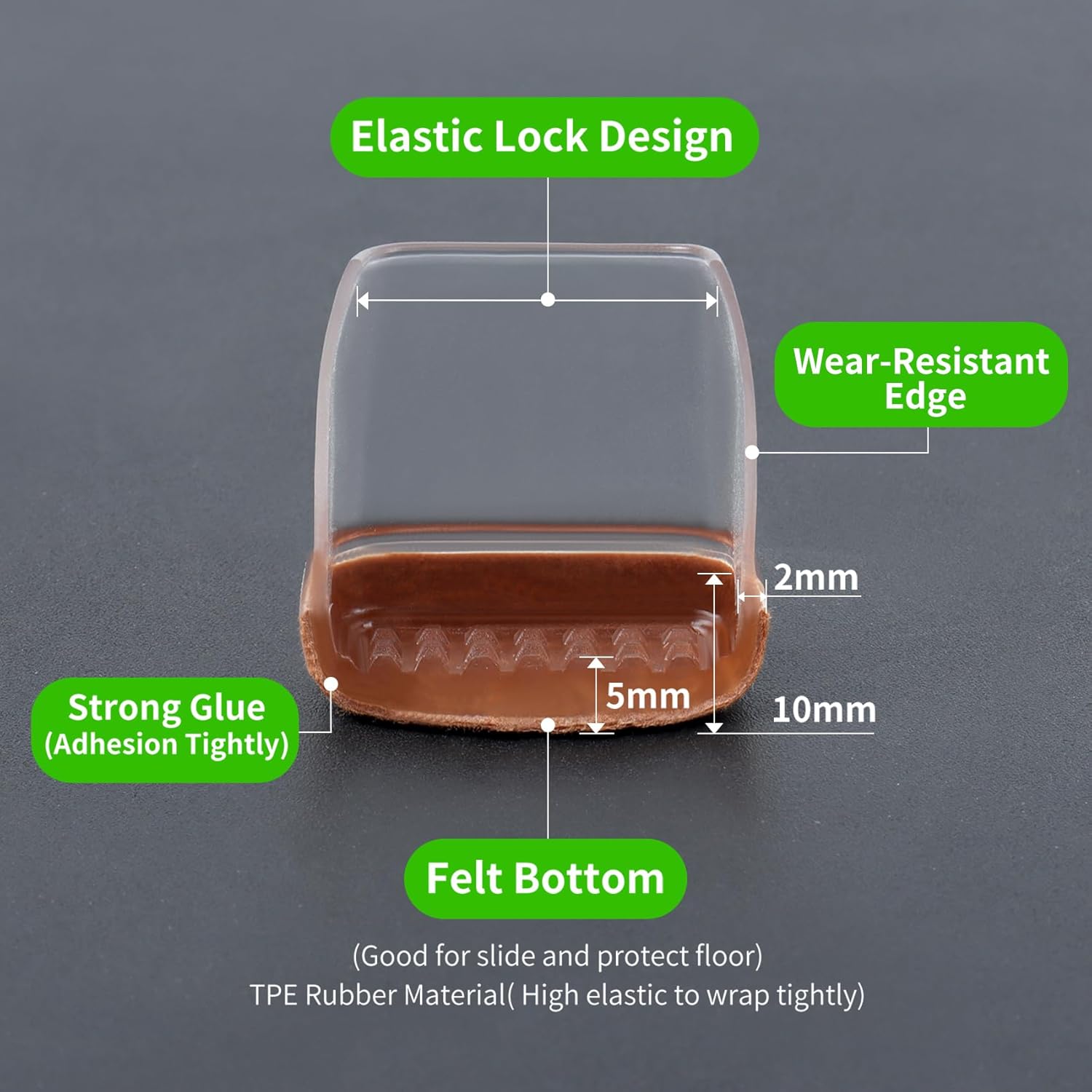16PCS Square Chair Leg Floor Protectors, Felt Furniture Pads for Hardwood Floors, Clear Silicone Chair Covers, Large Floor Protectors for Furniture Legs, No Scratches and Noise(Fit:1"-1.4")