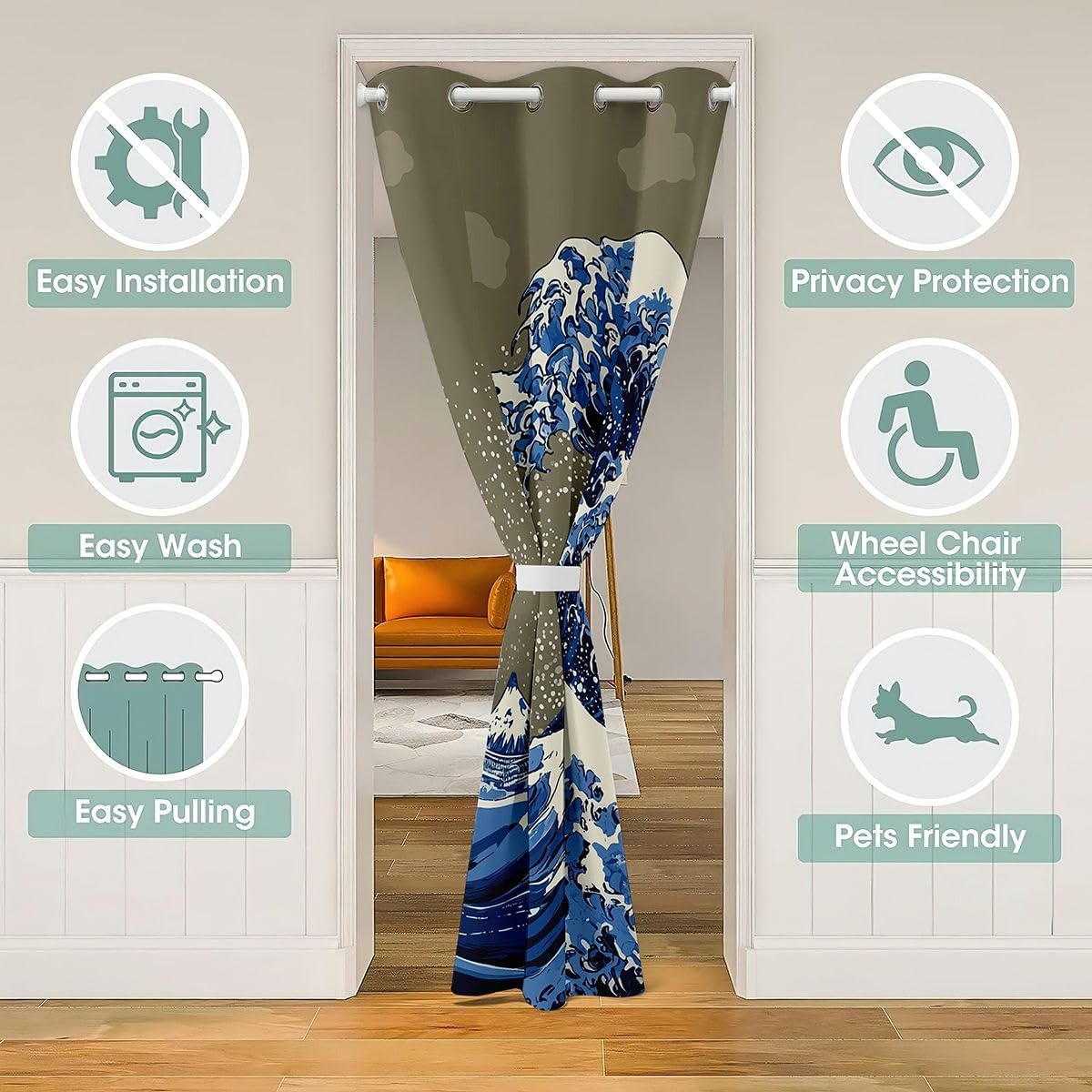 jejeloiu Japanese Ukiyoe Theme Door Curtain for Doorway Privacy 42"x80" Ocean Wave Hokusai Pattern Closet Door Cover Curtain for Bedroom Living Room Japanese-Style Exotic