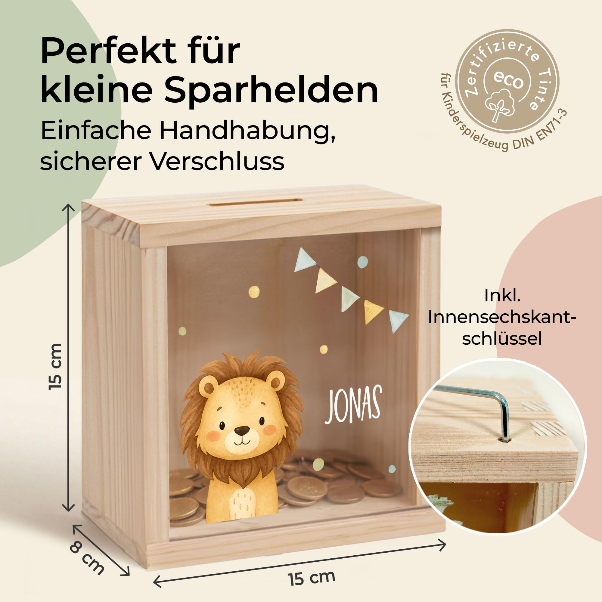 Little-Deco Spardose, Geldkassette, Sparbox, Geld sparen, Sparschwein Kinder, personalisierte Geschenke Kinder, personalisierte Spardose, Holzspardose, Taufgeschenke, Geschenk zur Geburt, 15x15cm