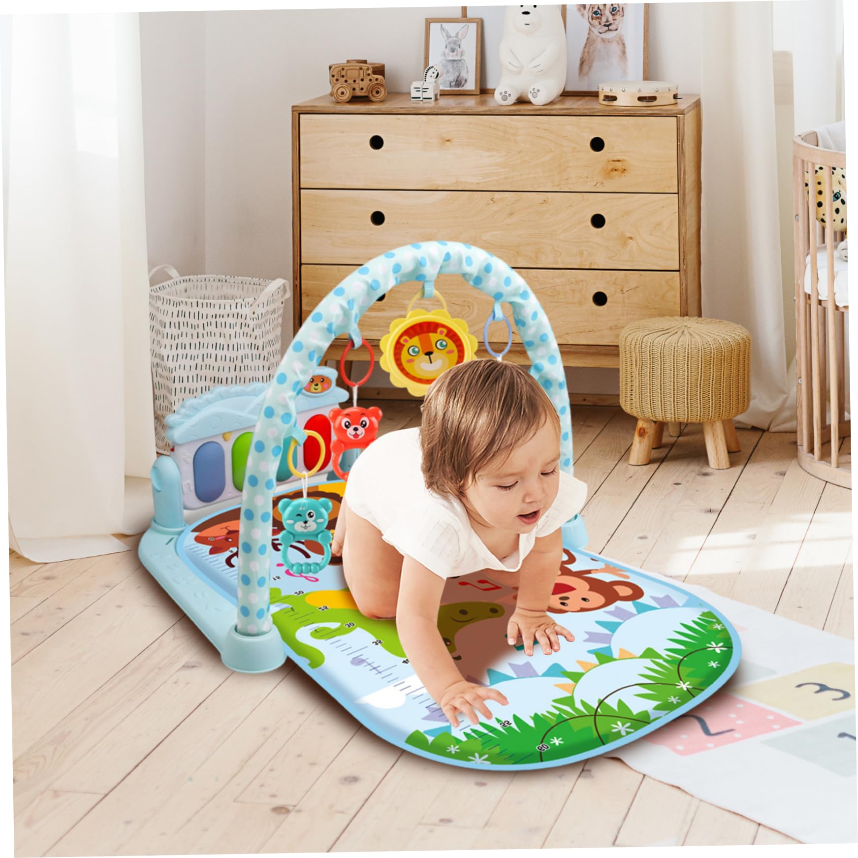 Centro attività per Bambini con Musica e Luce Tappetino da Gioco Divertente Sicuro e Rimovibile con Pendente a sonaglio tavola Regolabile per Neonati Bambini Piccoli, Senza Batteria, Blu