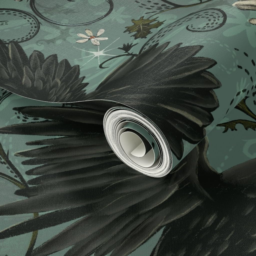 Peel & Stick Wallpaper 3ft x 2ft - Gothic Ravens Autumn Floral Halloween Bohemian Magic Dark Moody Corvid Teal Cyan Custom Removable Wallpaper by Spoonflower