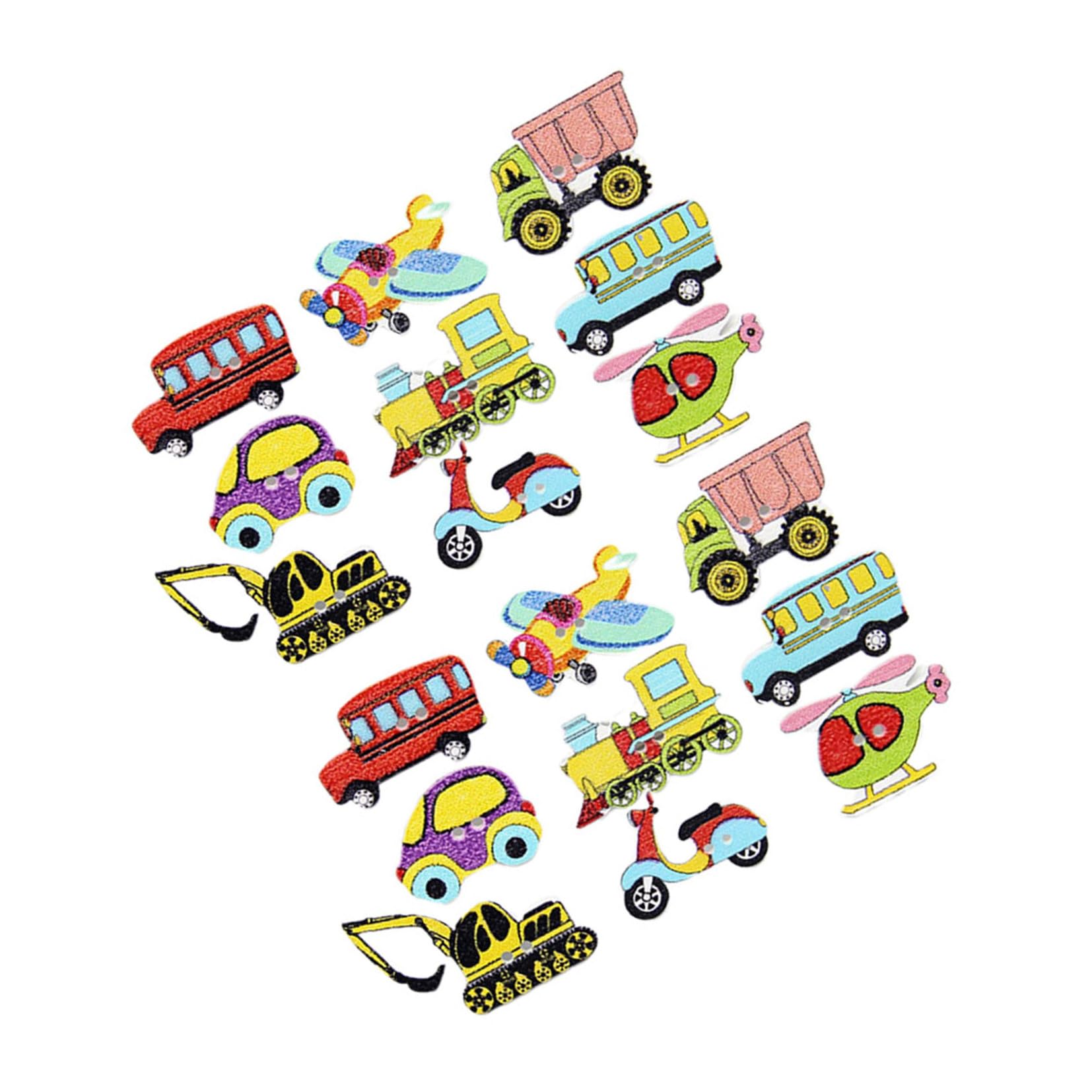 PLAFOPE Holzknöpfe 100 Stück Packung Farbenfrohe Cartoon Fahrzeugmotive Geeignet für Selbstgemacht Nähprojekte und Kinderbekleidung Zufällige Farbe