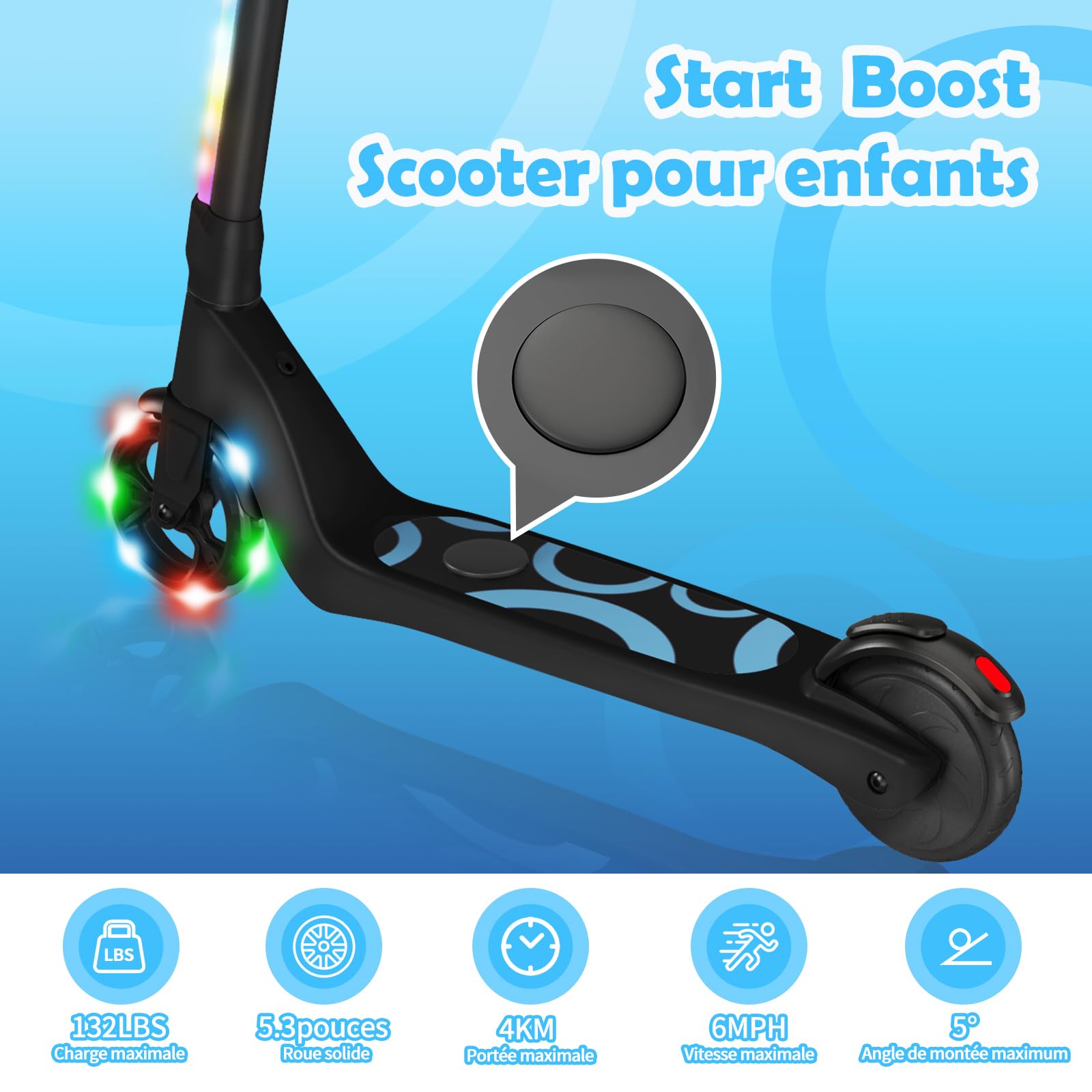 SISIGAD Trotinette Electrique Enfant 6-8-10-12 Ans Electric Scooter Enfant 5.3 Pouces avec Lumière LED Colorée & 3 Hauteurs Ajustables, Scooter Électrique Enfant Charge Max 70 Kg, Vitesse Max 10 Km/h