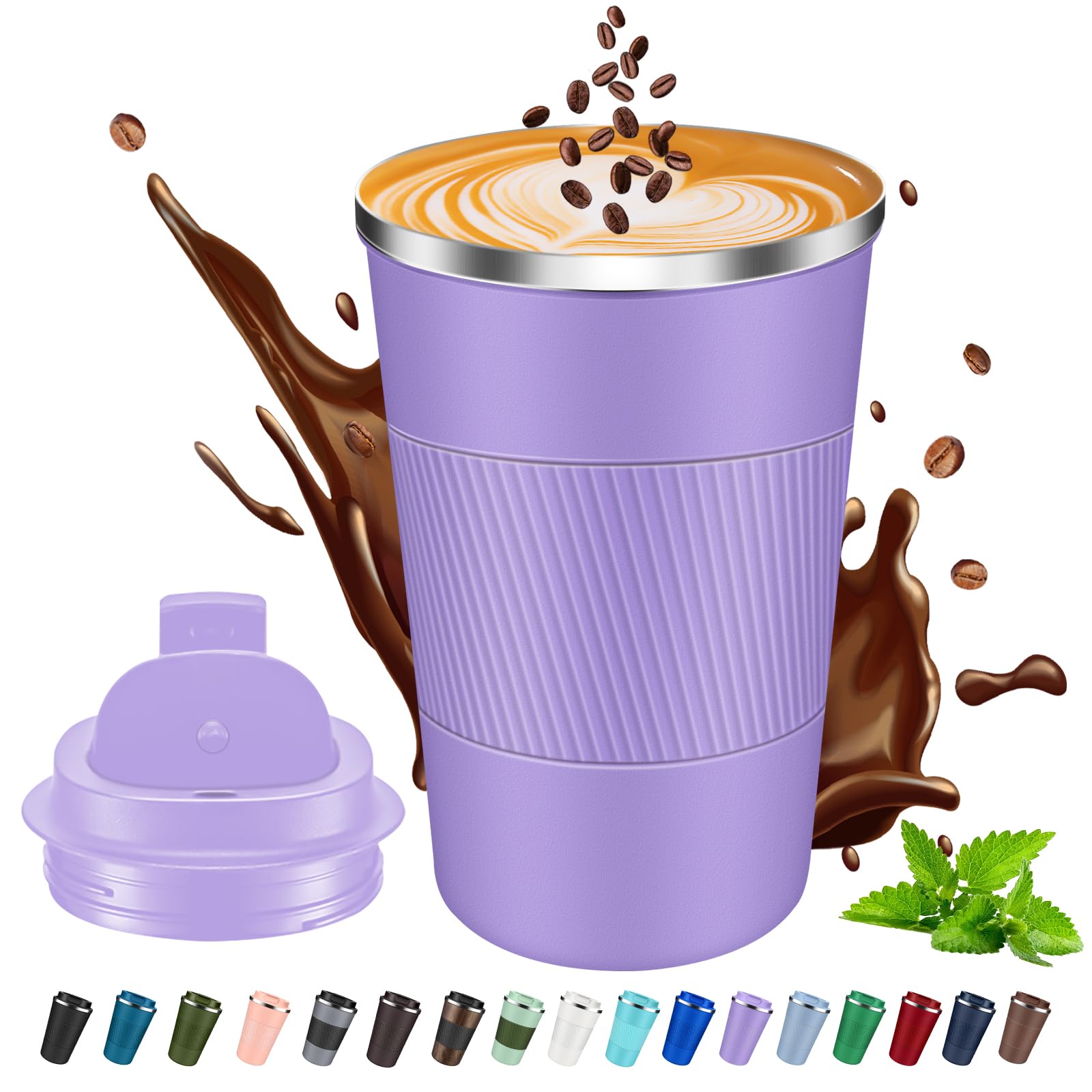 Insulated Coffee Mug 12 oz Travel Coffee Cup with Lid Leakproof, Stainless Steel Vacuum Thermal Thermos to GO, Reusable Coffee Tumbler for Men and Women Hot & Cold Drinks (LightPurple, 17 oz)