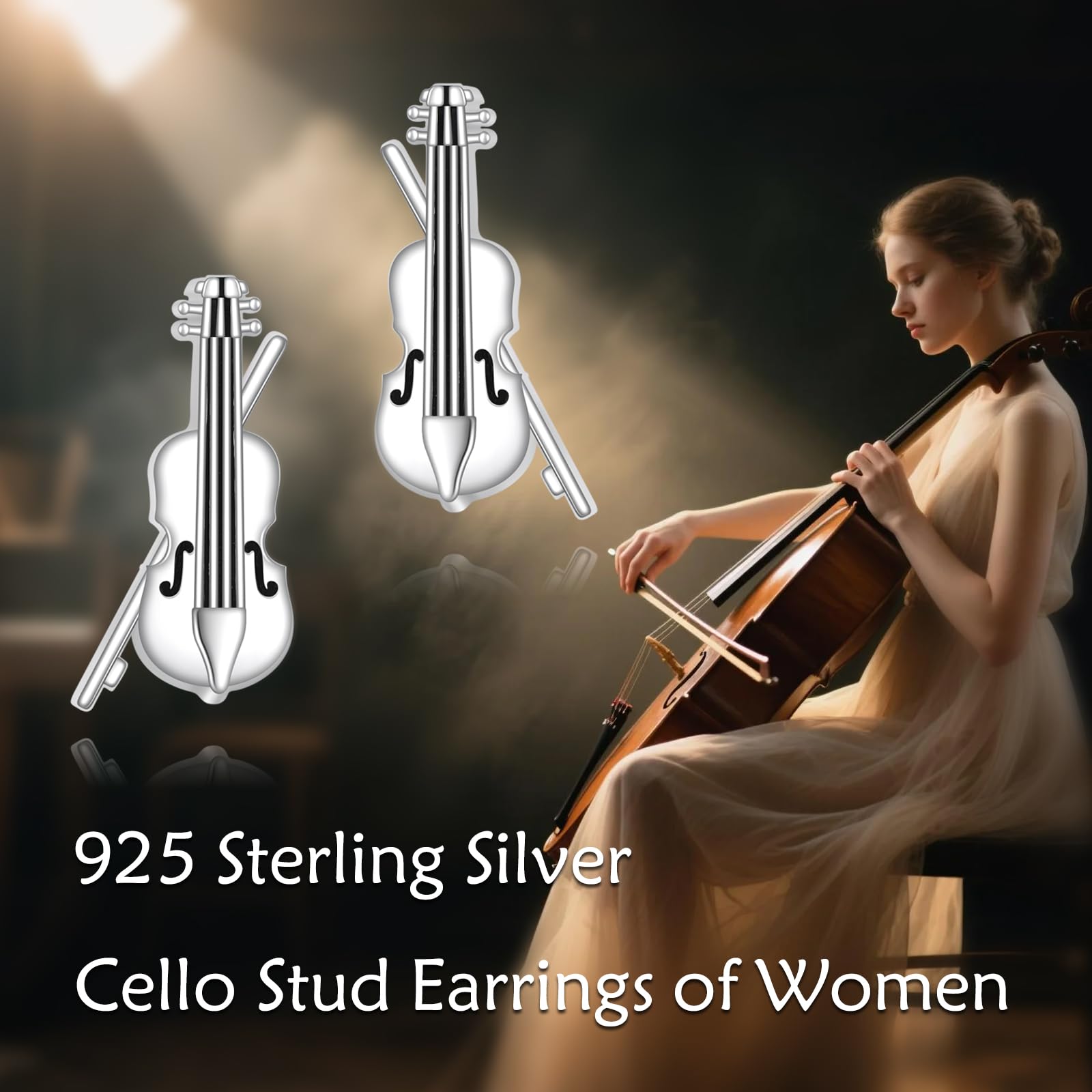 YAFEINI Pendientes de tuerca de plata de ley 925 para violonchelo, joyería musical, regalos para mujeres amantes de la música