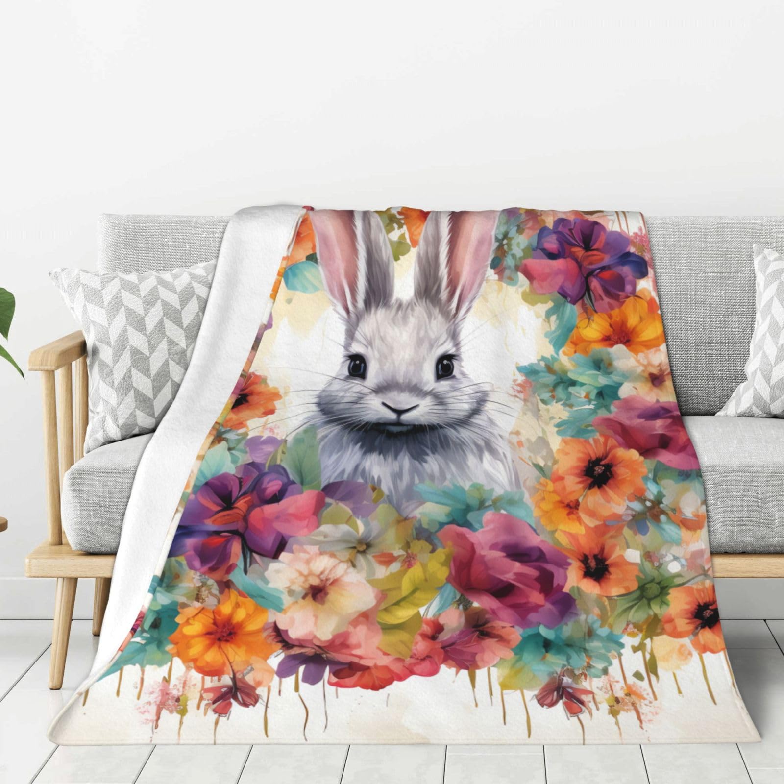 Couverture polaire en flanelle lapin et fleurs 152x127 cm