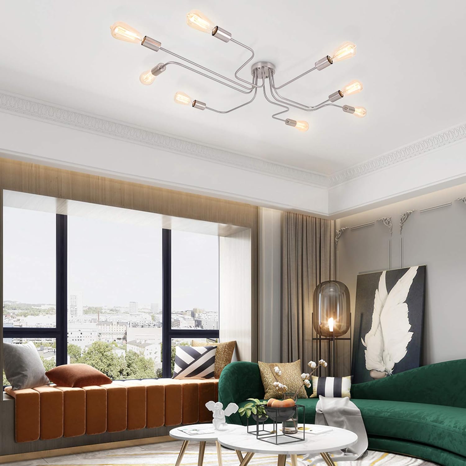 Gеt Sресіаl Prісе OYI Industrial Ceiling Sputnik Chandelier Lighting, 8 Lights Semi Flush Mount Ceiling Light Modern Metal Art Creative Vintage Kitchen Light Fixtures Nickle