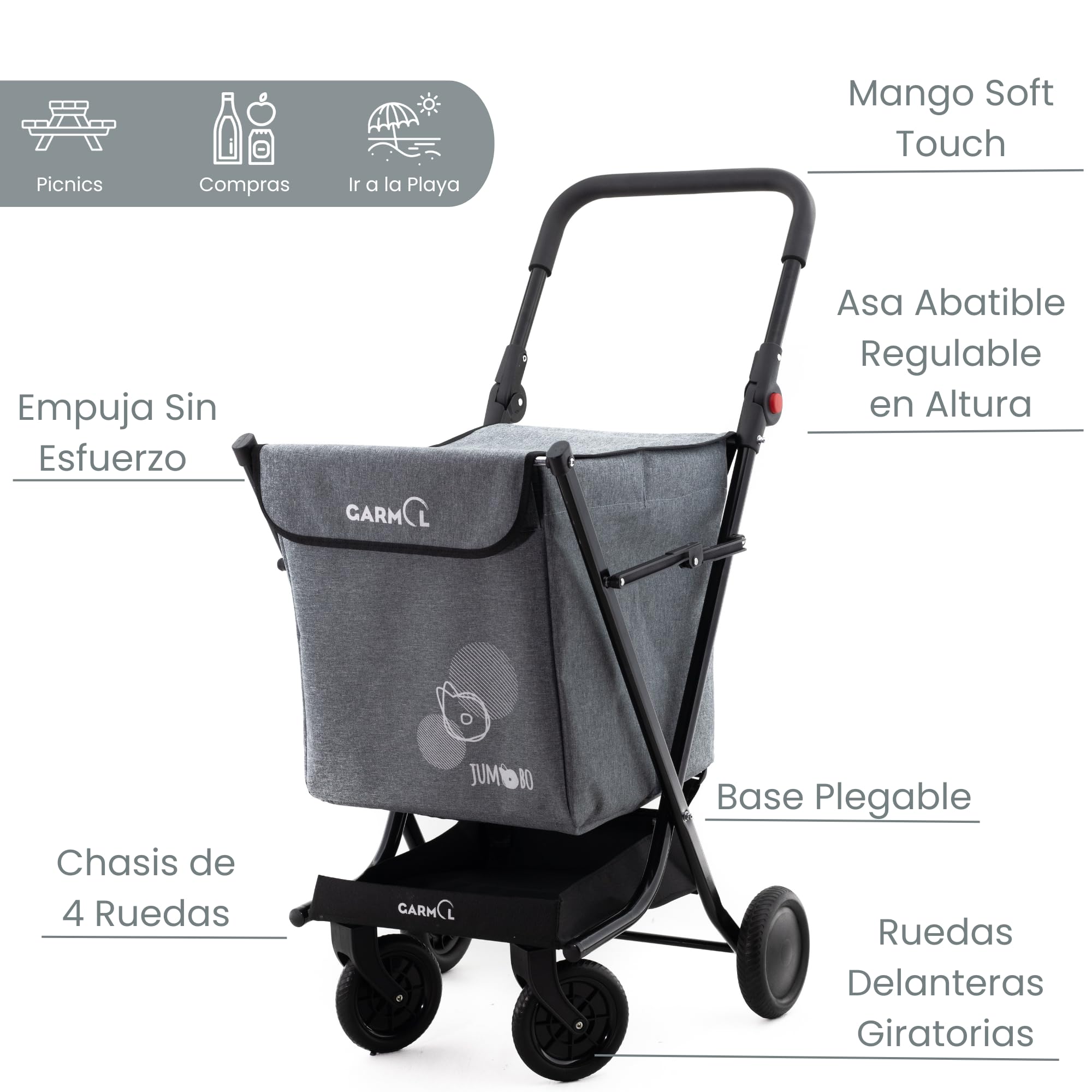GARMOL Carro de la Compra Plegable 66 litros | Carro de la Compra 4 Ruedas Gran Capacidad | Carrito Compra 4 Ruedas Plegable Color Gris