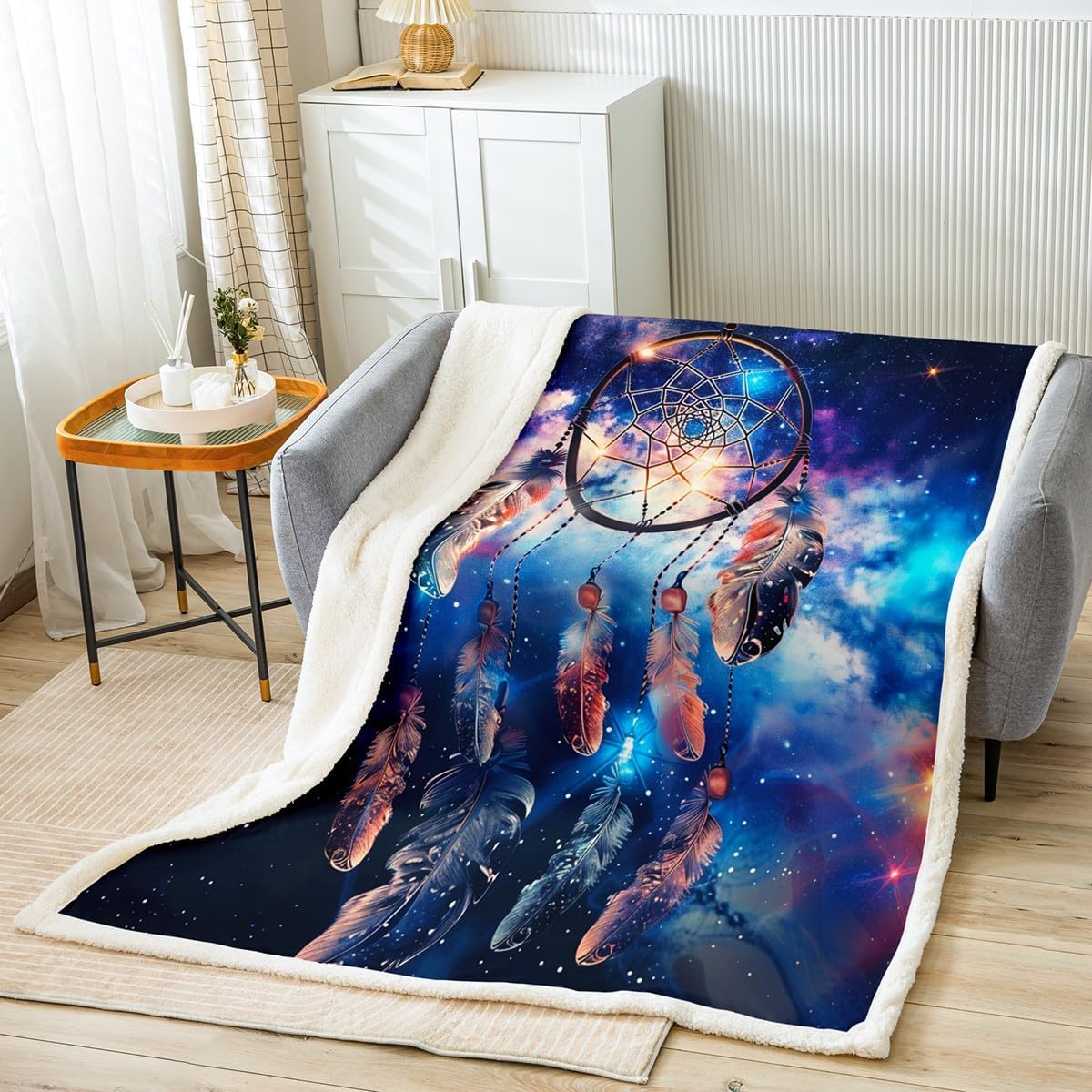 Girls Dreamcatcher Plush Blanket Chic Purple Galaxy Boho Dream Catcher Fleece Blanket Bohemian Feather Sherpa Throw Blanket for Bed Sofa Bedroom Decor Chic Luxury Throw 50"x60"