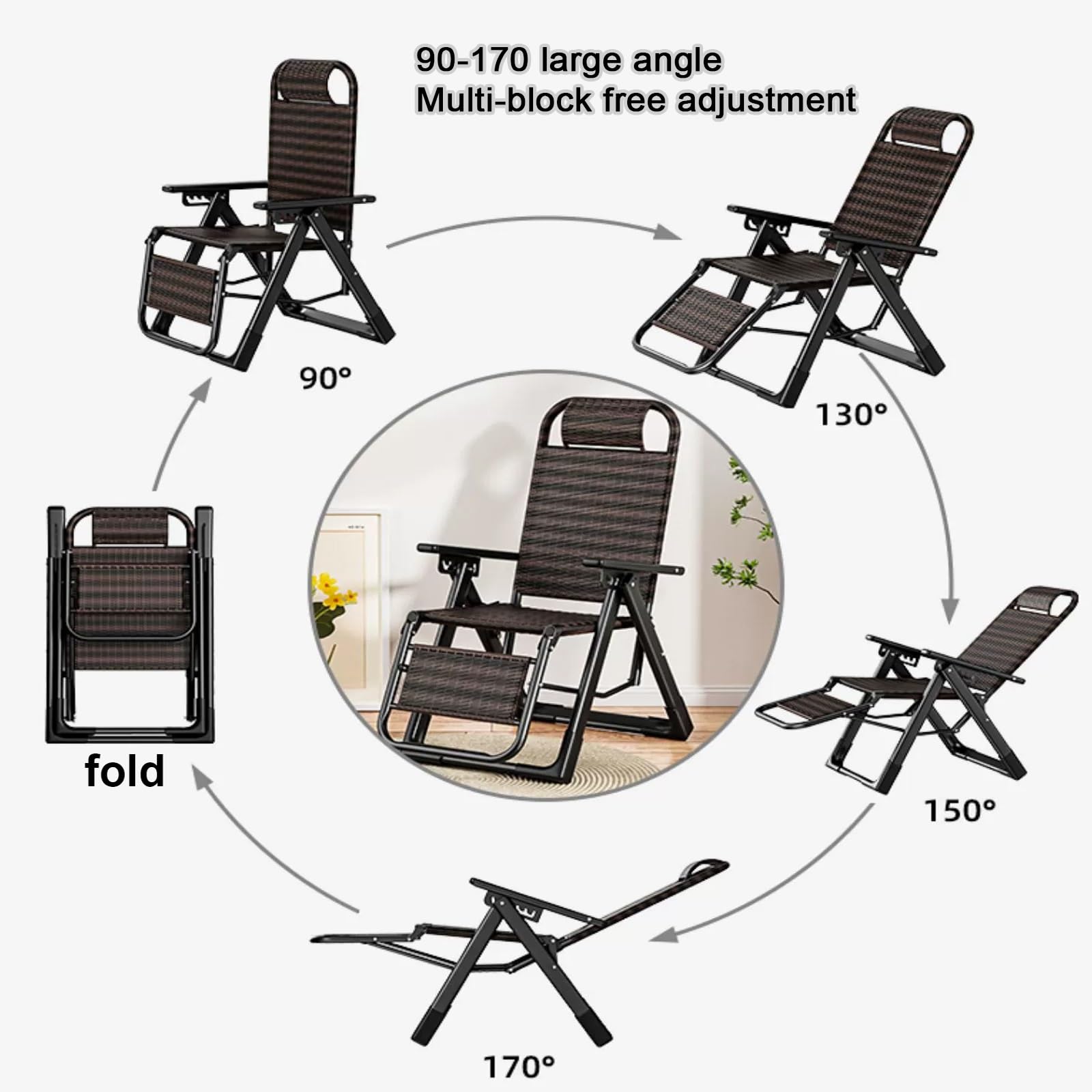 Ratán Silla Gravedad Cero Tumbona De Relax,Tumbona Playa Plegable Ligera,tumbonas Jardin Exterior,Portátil Tumbonas con Reposabrazos, Respaldo Ajustable,Respirable,Ahorra Espacio.