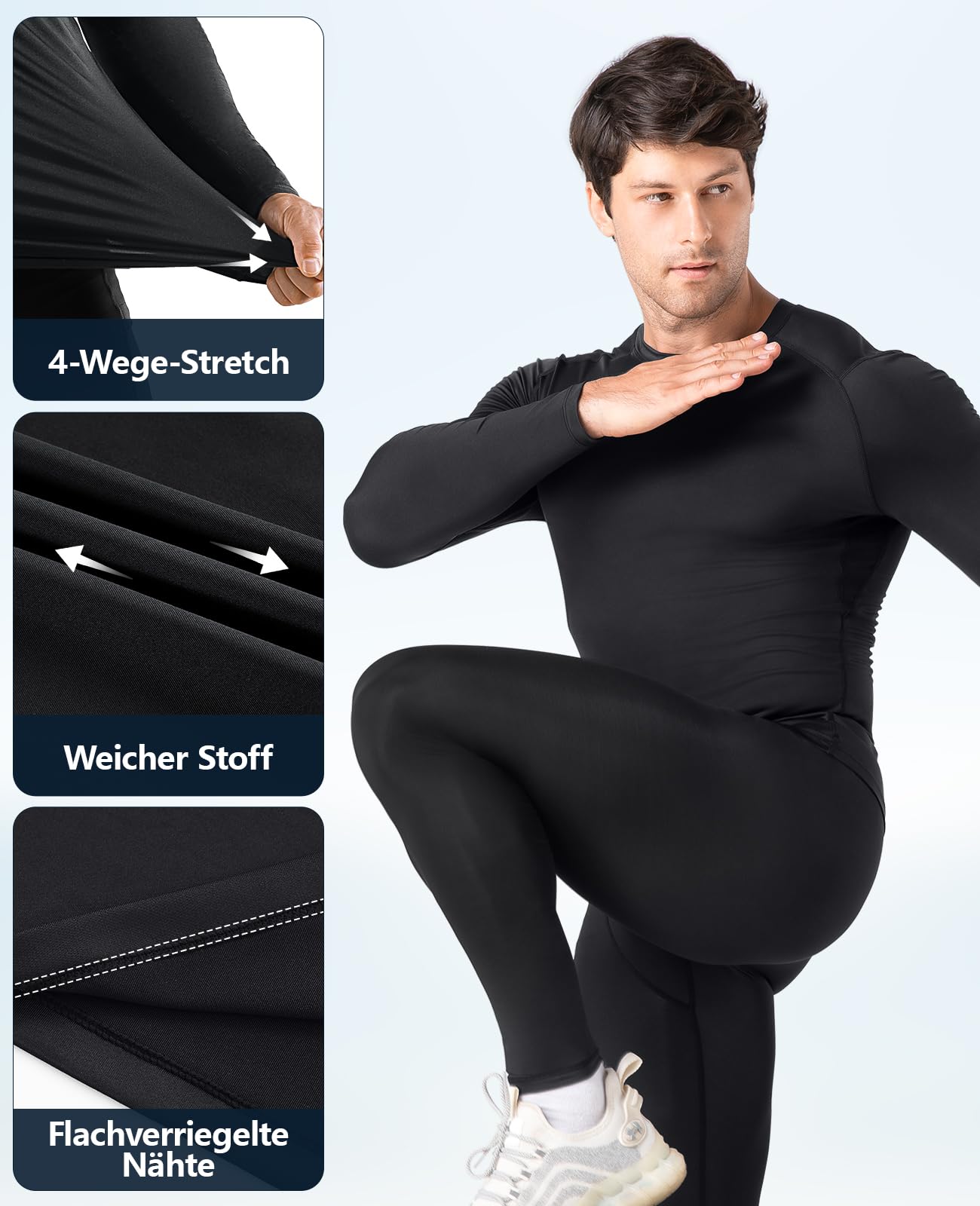 Niksa Lot de 1/2/3 t-shirts de compression pour homme, t-shirt fonctionnel à manches longues, col rond, respirant, pour la course, l'entraînement, le fitness