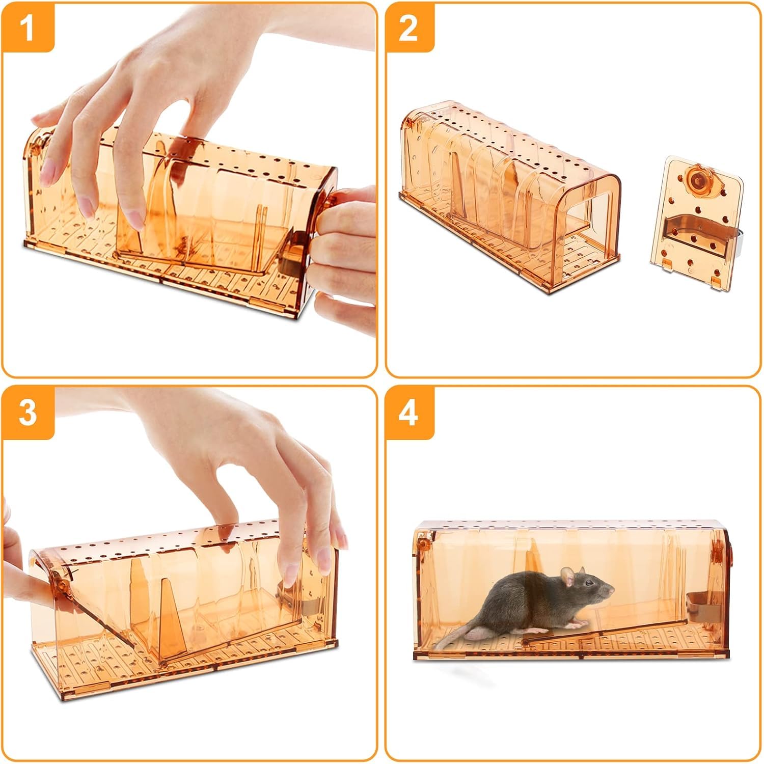 TAKRINK Trampa para Ratones 2Pcs Trampas Ratas para Interiores Sin Matar Ratonera Rata Viva Reutilizable con Orificio de Aire Sin Mecanismo de Liberación Táctil para Cocina Jardín Hogar Ático(Naranja)