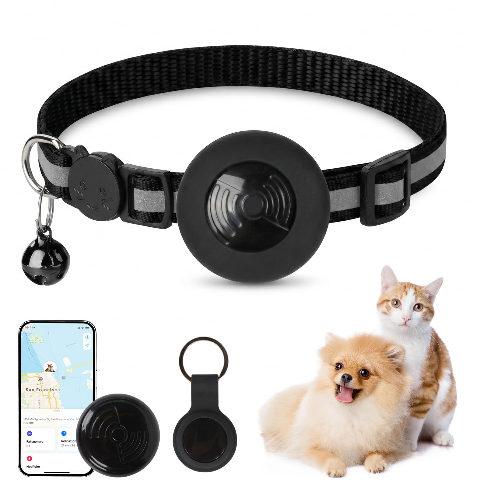 Qoosea Rastreador para Gato Perro Compatible con iOS/Android sin Suscripción, Mini Rastreador para Animales Mascotas con Collar Ajustable, Rastreadores para Gatos y Perros Impermeable