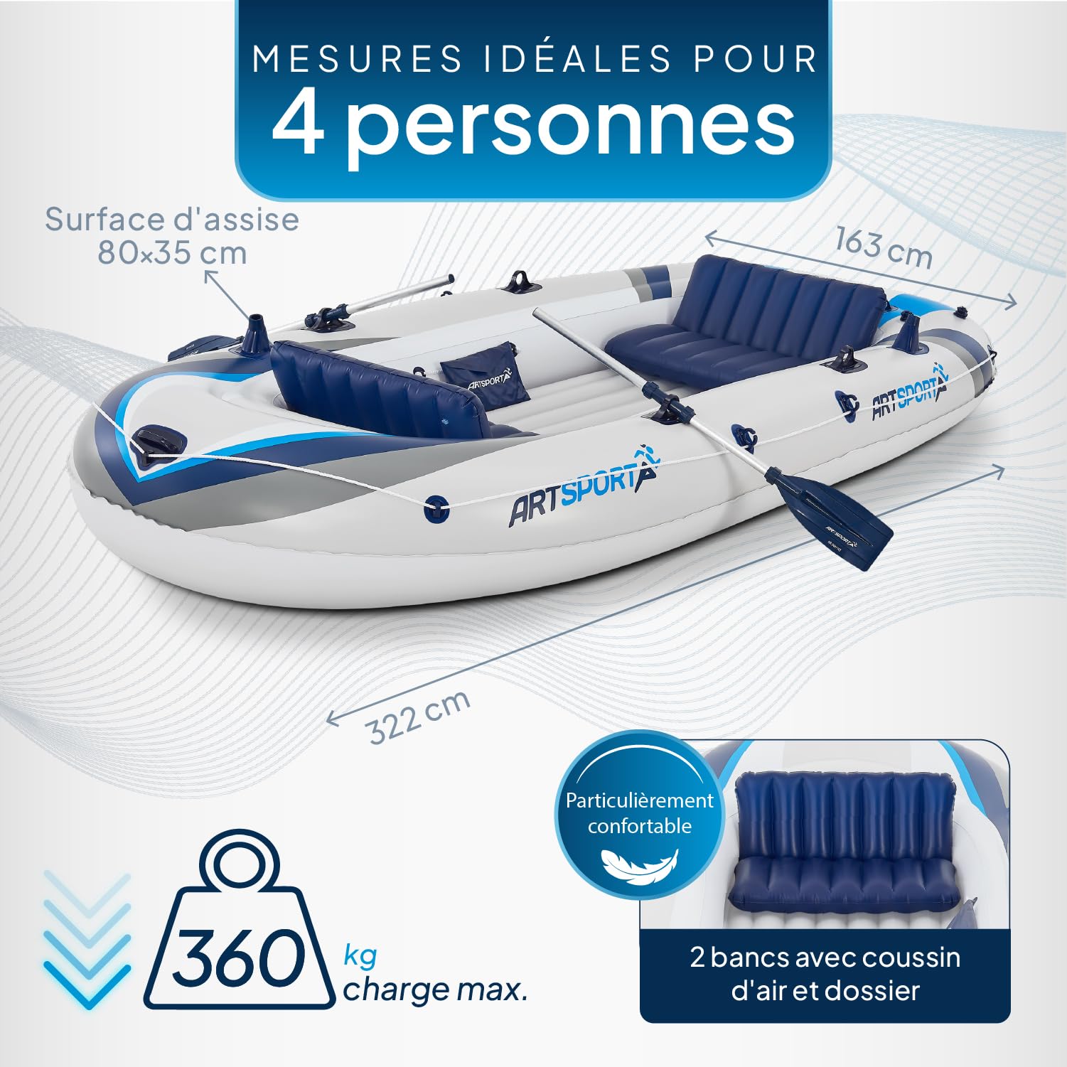 ArtSport Bateau pneumatique 330 cm pour 4 Personnes – Bateau à pagaie Gonflable avec 2 bancs – Bateau à rames en PVC avec Pompe à air, pagaie, Sac et kit de réparation