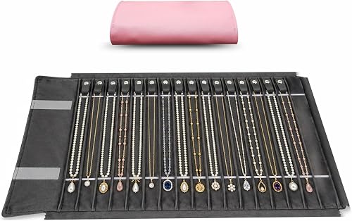 Portable Jewelry Roll Untangled Secure Necklace Travel Storage Bag Displays Holder 16 Chain (Pink PU and gray velvet)