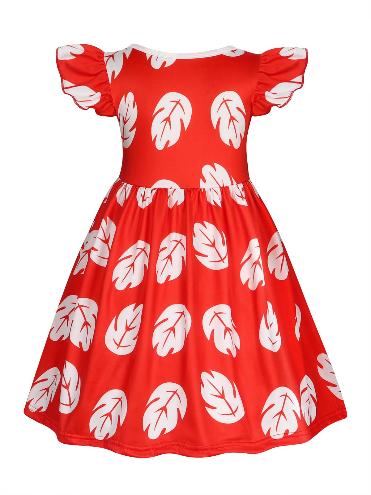 Jurebecia Girls Hawaiian Fancy Dress Red Flutter Sleeve Leaf Print Dresses Halloween Cosplay Costume with Accessories 4-5 Years - Image 2