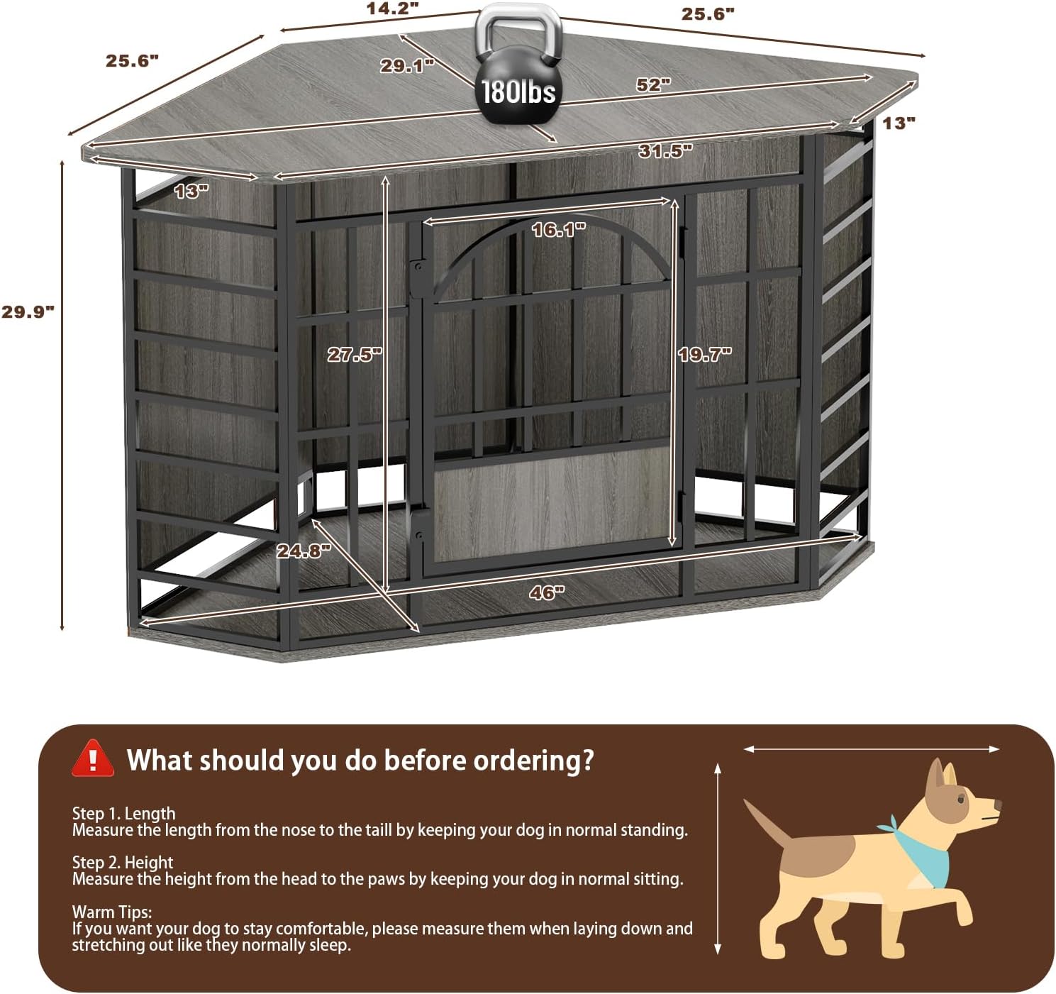 COZPAW Corner Dog Crate Furniture, 52 Inch Large Dog Kennel Indoor Wooden End Table, Modern Dog Cage Decorative Pet House TV Stand for Medium Large Dogs,Grey