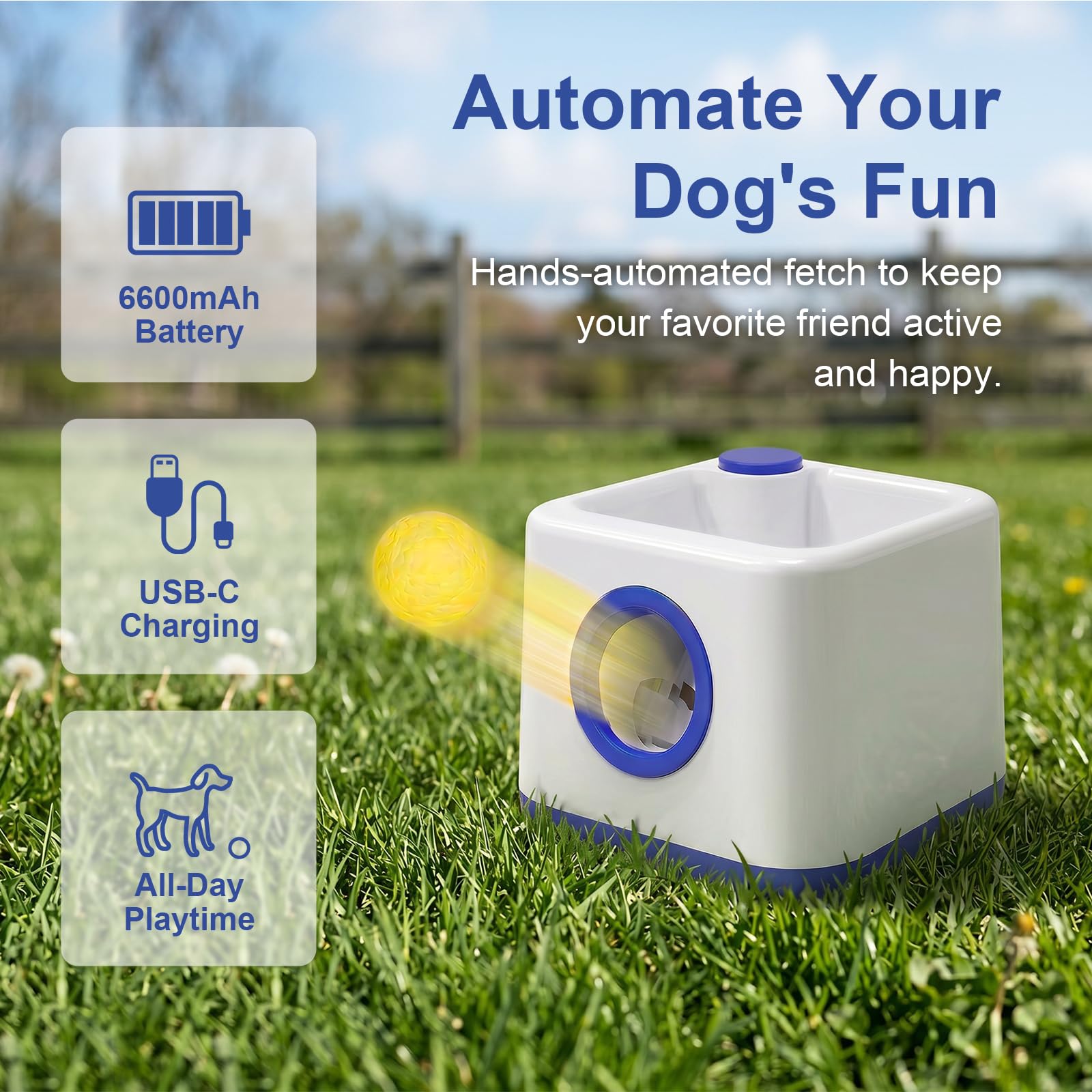 JIANAYANA Lanceur de balles automatique pour chien, jouet interactif double mode automatique et manuel, 4 distances réglables avec 5 balles ETPU, balle anti-carte pour intérieur et extérieur toutes