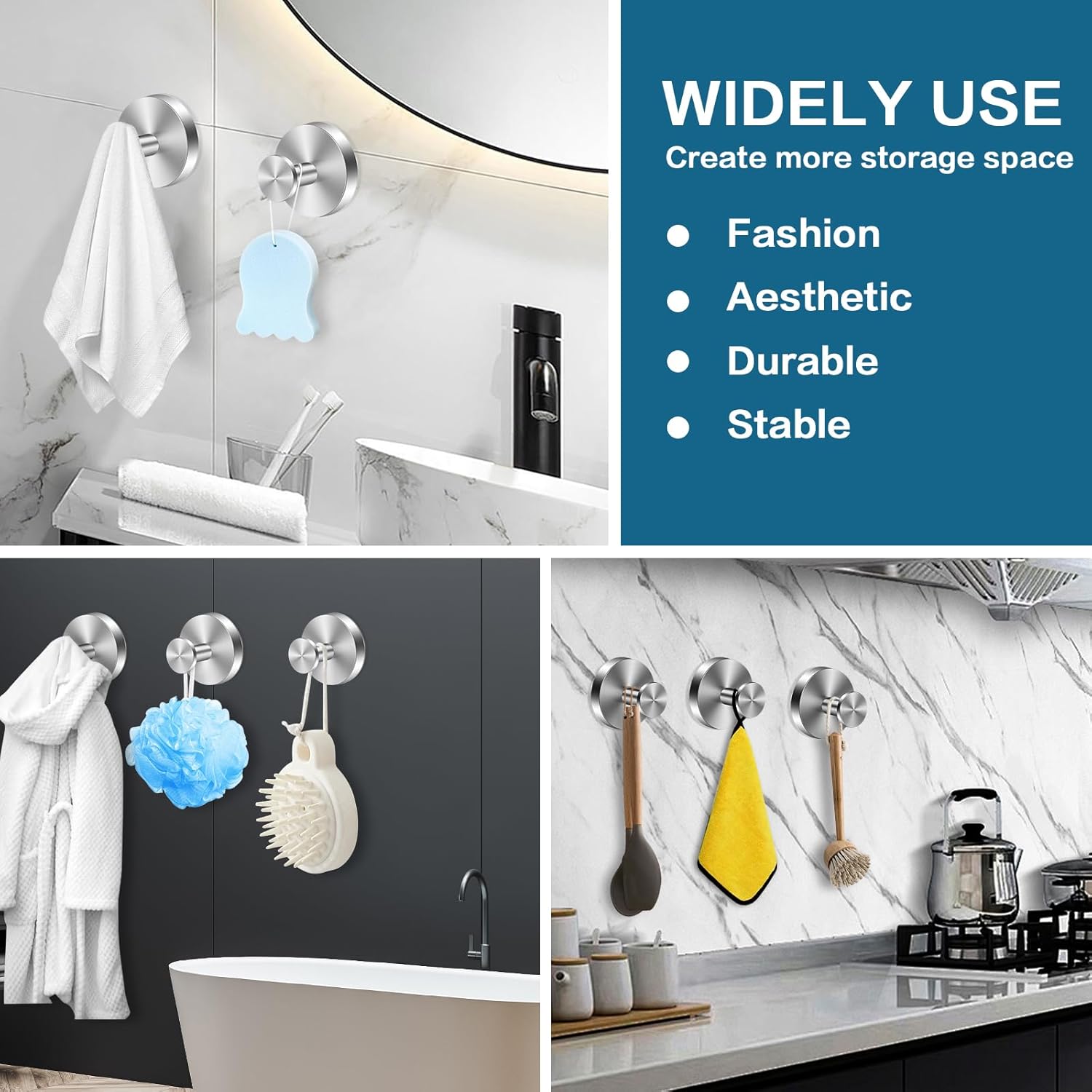 Suction Cup Hooks for Shower 2 Pack, 304 Stainless Steel Removable Towel Hooks for Bathroom Wall and Window, Heavy Duty Shower Hooks for Tile Glass Mirror, Silver