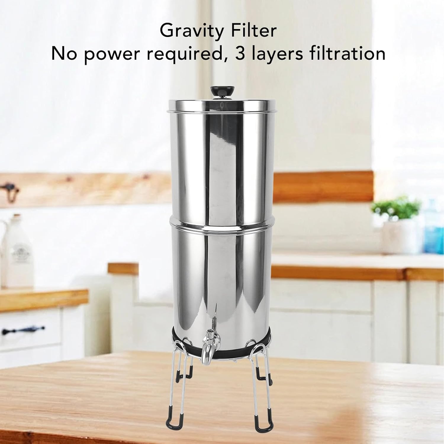 Water Filter, 1.5GAL Stainless Steel Gravity System with 2 Filters, Portable Water Dispenser for Home RV Camping