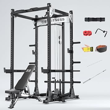 X9 Power Cage with Adjustable Bench/Olympic Barbell/Cable Crossover/Smith Machine System, 3500LB Squat Rack for Home & Garage Gym, with Weight Storage Rack and Training Attachments