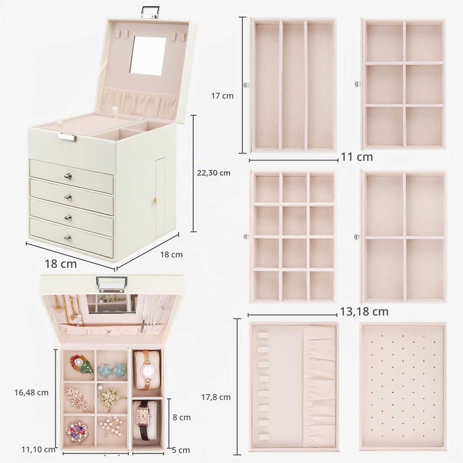 Schmuckkästchen mit 6 Schubladen, Große PU Schmuckkasten 5 Ebenen mit Seitlichen Schubladen und Spiegel, Schmuckbox für Ringe, Ohrringe, Armbänder, Halsketten, Beige
