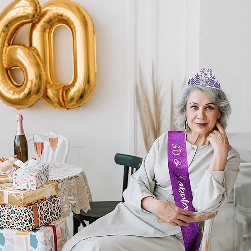 Miniatura 4 de CIEHER Juego de banda y tiara de 60 cumpleaños, decoraciones de 60 cumpleaños para mujer, corona de cumpleaños 60 para mujer, banda de 60 cumpleaños